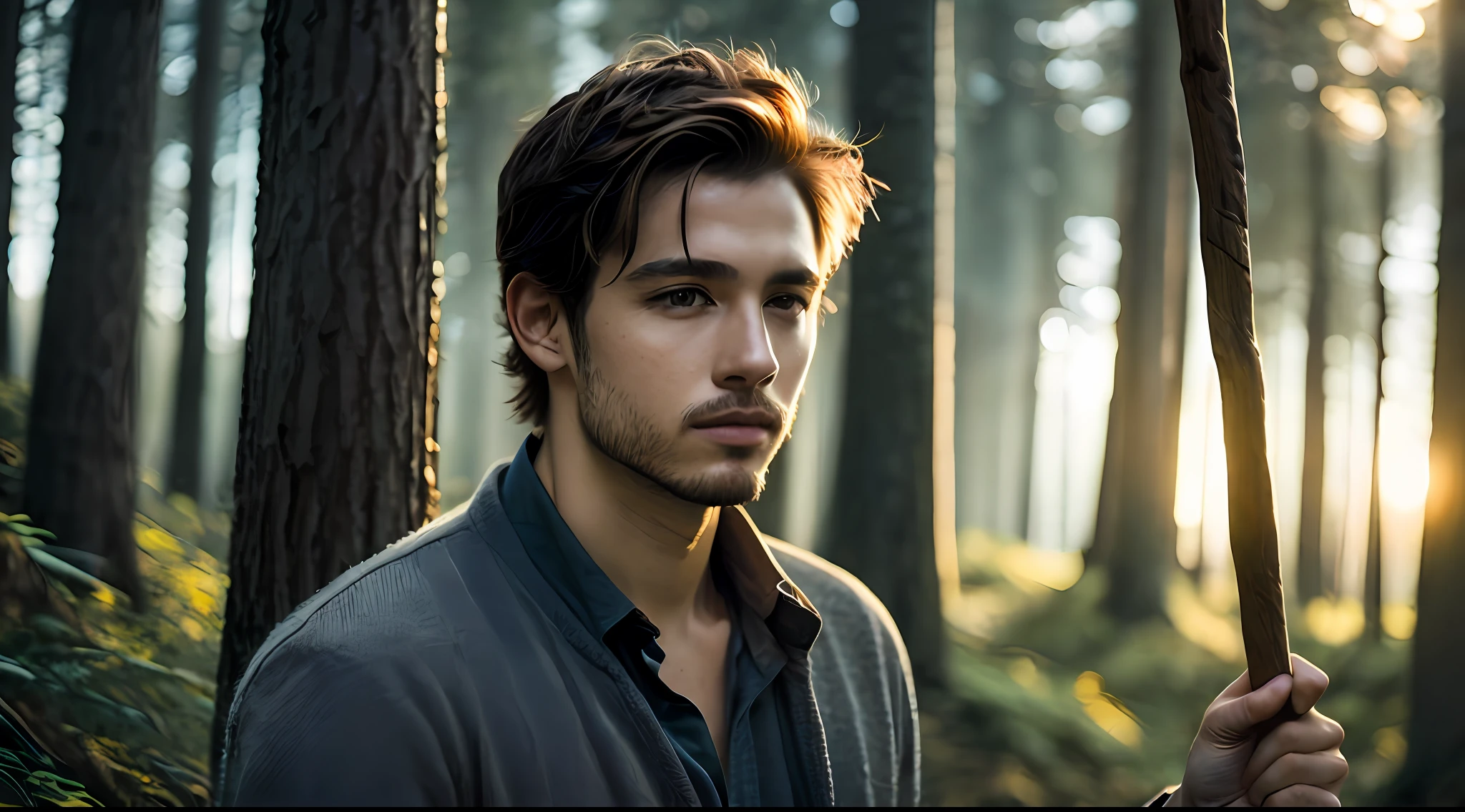 close-up photo of a simple-looking country man named Gabriel with a wooden stick in his hands to touch the herd, very handsome in the forest, soft volumetric lights (backlight: 1.3), (Cinematics: 1.2), intricate details (art season: 1.3), Rutkowski