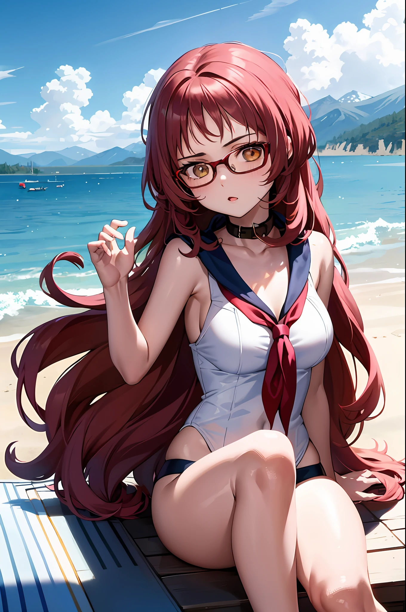 1girl, cabello mediano, gafas, Collar de marinero, Mountains, Kali, swimsuit, lentes