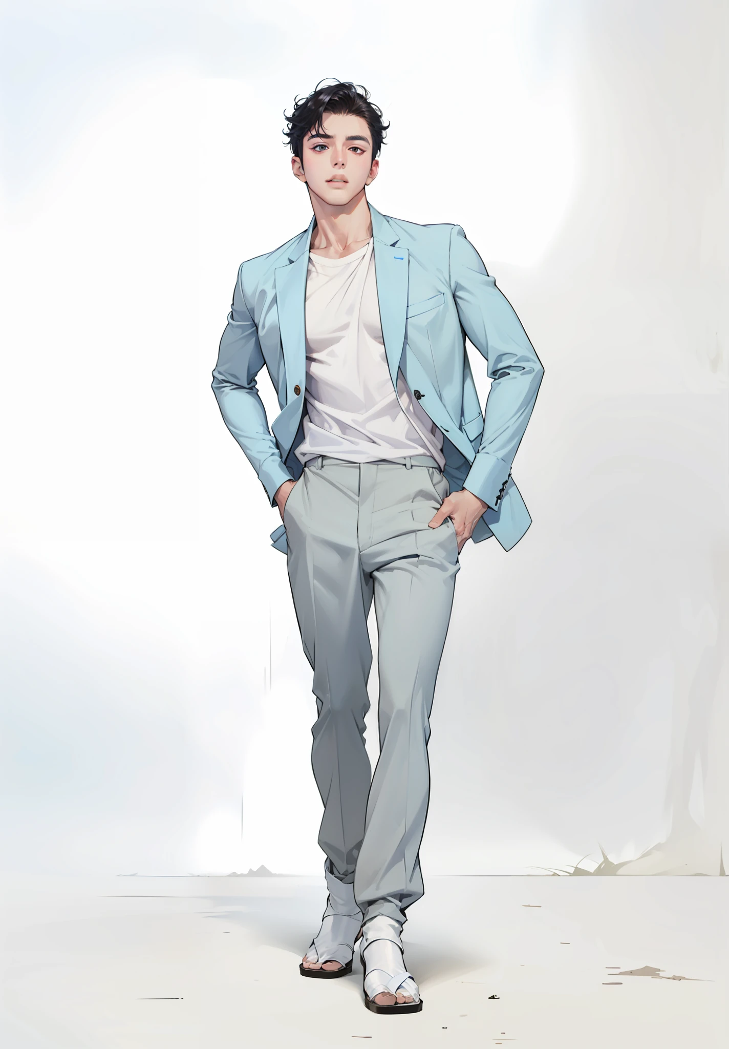 there is a man with a white button up shirt posing, photorealistic perfect body, :: high detail, realistic shaded perfect body, prefect body, beautiful handsome body, handsome stunning realistic, sexy body, smooth translucent white skin, lean body, south korean male, realistic body, handsome anime pose, inspired by Yanjun Cheng, beautiful, prince, demon slayer art
