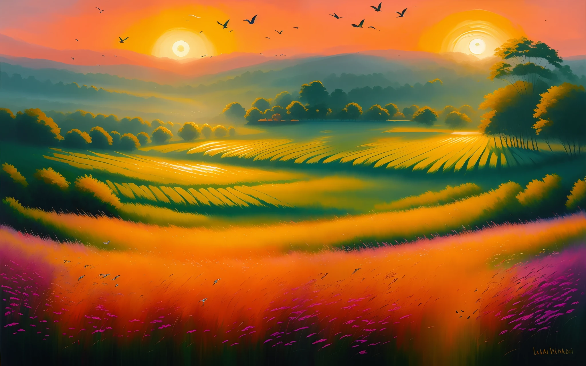 oil drybrush painting of a cozy grand green field in the sunrise, glistening dew, vivid colors, birds, warm