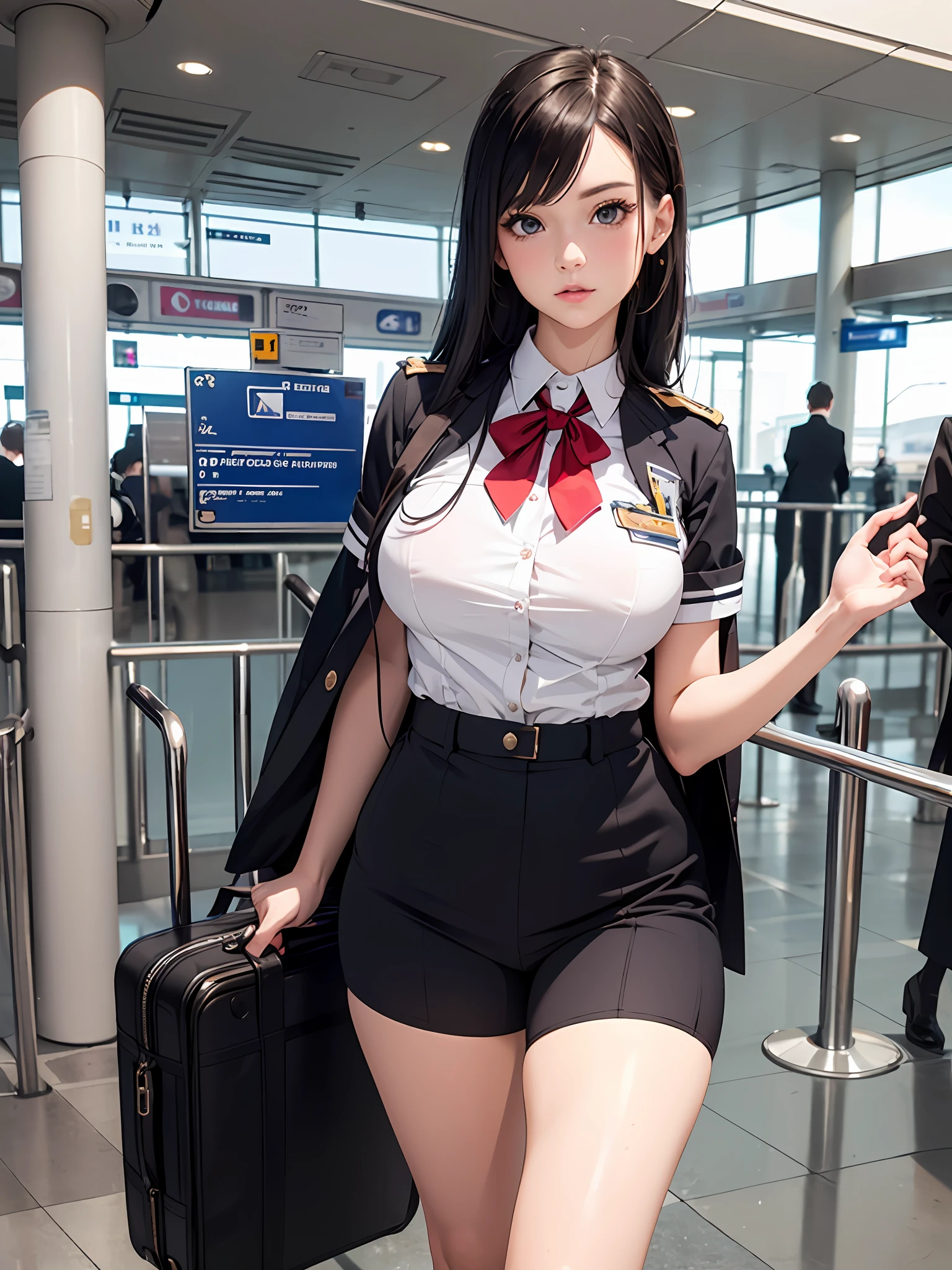 8k, Best quality, Masterpiece, (realisticlying, photo-realistic:1.2), 1fille, corps parfaits, petits seins, (stewardess uniform, Minijupe:1.2, Culotte), collants, jambes minces, 25 ans, in the airport