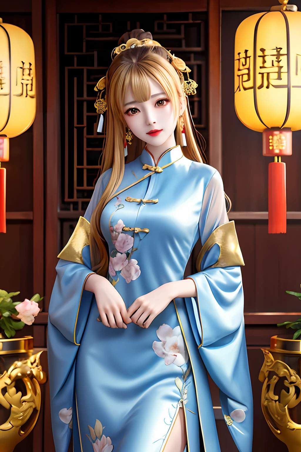 Chinese ancient style,golden hair,on cheongsam,full bodyesbian,standingn,opulent,respectable,ellegance