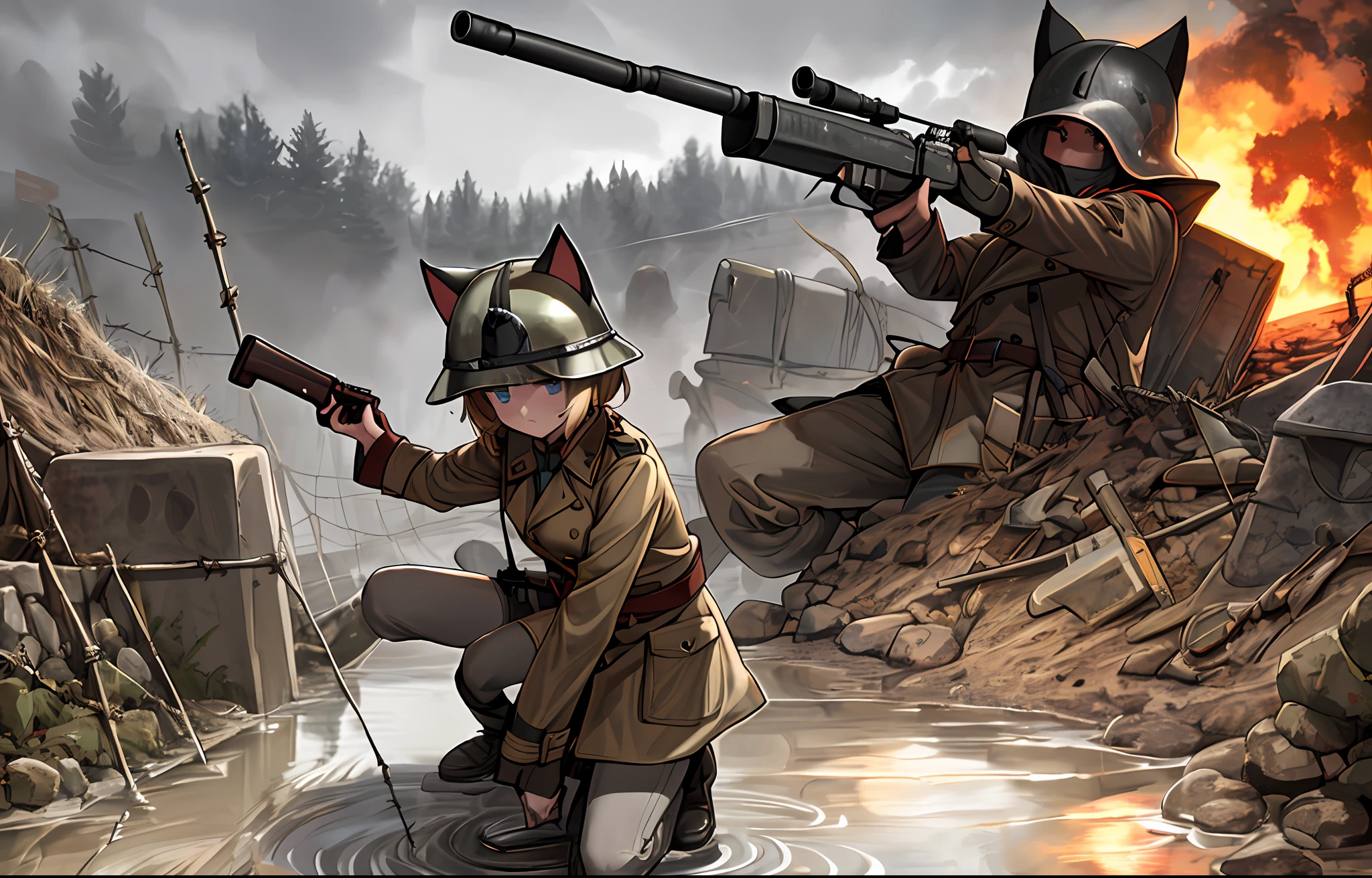 World War 1:1.4, Blue French trench coat and helmet, Deep in the trenches, Surrounded by dirt and dirt, dead body, barbed wire:1.2, Sateen, water puddles, 1girll, blone hair, cat ear,karo, the wallpaper, darkly, Explosion in the air, gunshot, Handheld binoculars, radios, The horrors of war, gloomily, levers, holdingweapon, trigger discipline