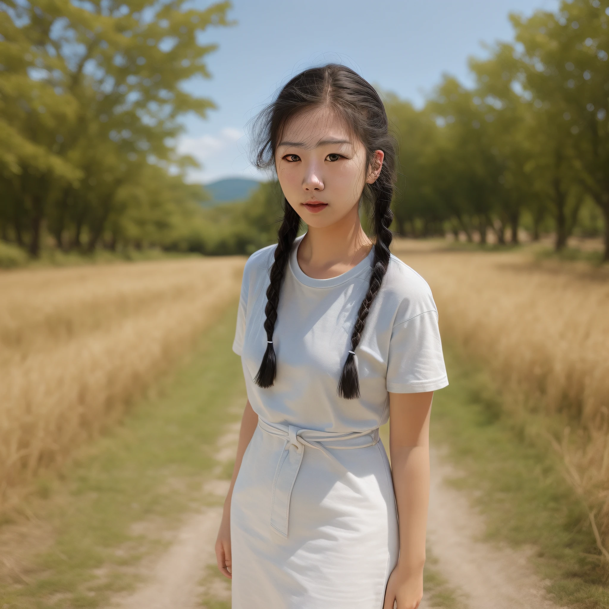 Braids, Black hair, country girl, White T-shirt, JINS,15age、japanes、countryside view、Best Quality, masutepiece, The ultra-Highres, (Photorealistic:1.4), Raw photo
