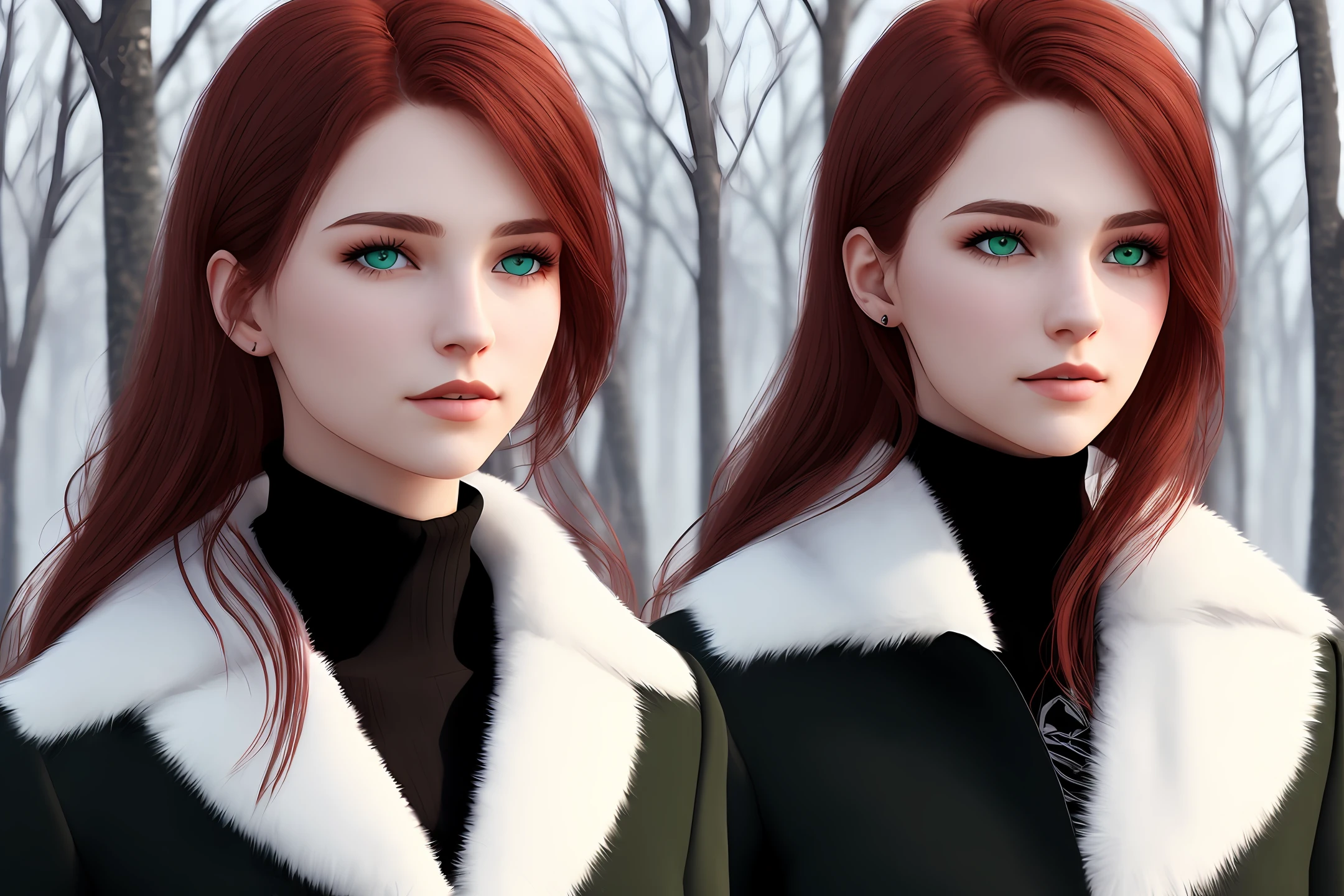 Caucasian female, 24 years old, red hair, perfect face, neutral expression, green eyes, long black clothes, realistic, 8k, winter