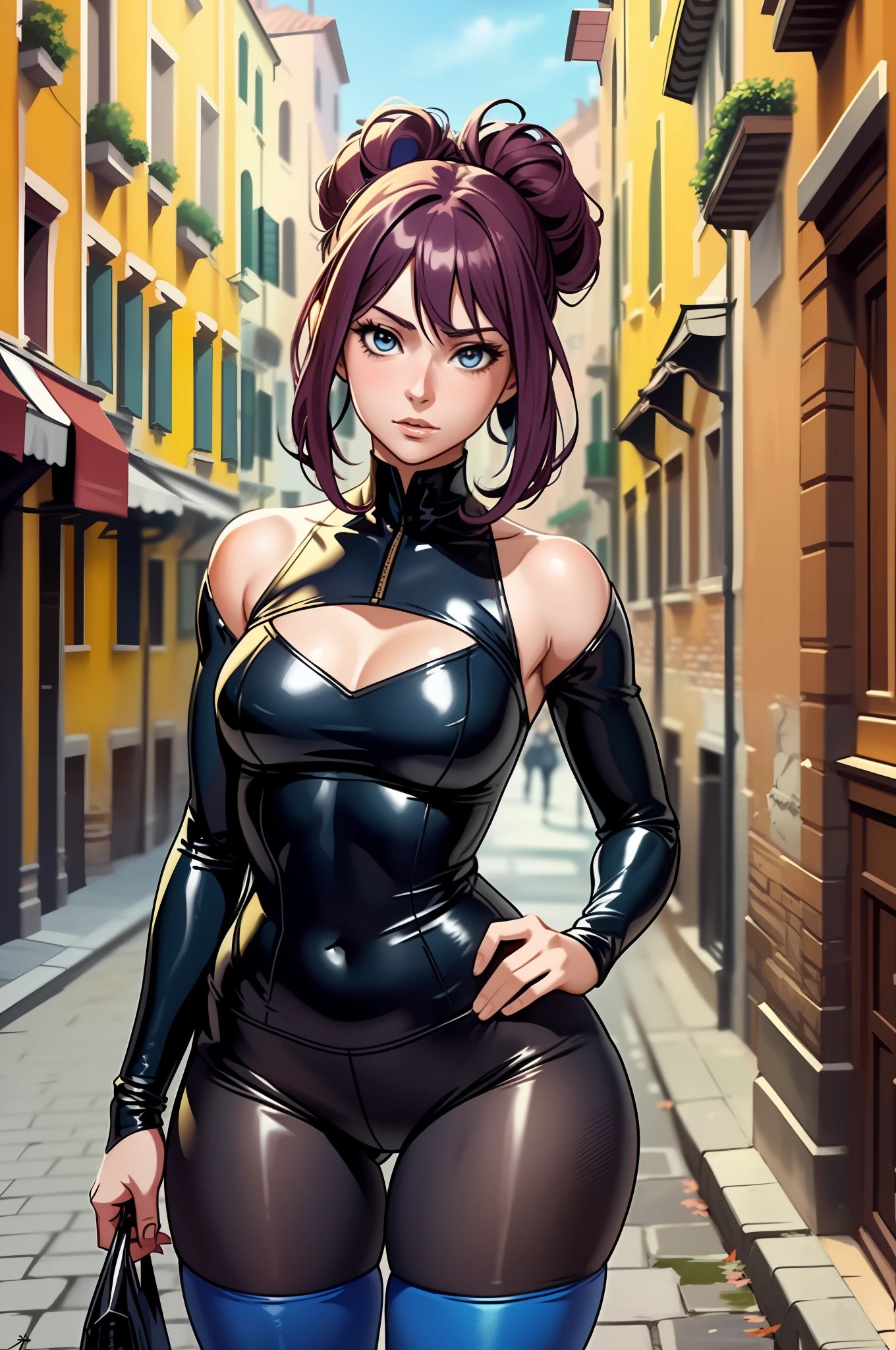 Anime - style image of a woman in blue tight clothes and colored tights, 29yo、Portrait of character, renaissance, Small curvaceous, Venice at night