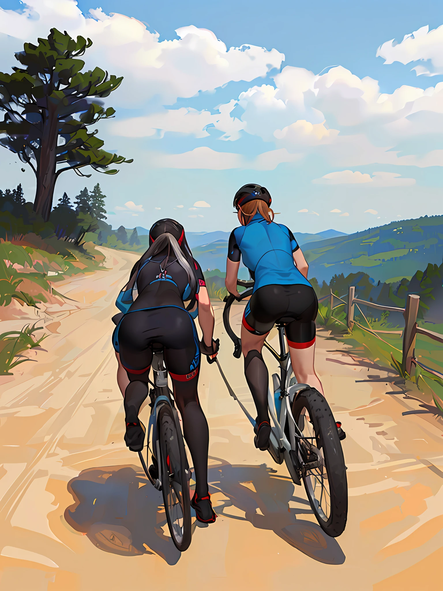 duas pessoas andando de bicicleta por uma estrada de terra com uma montanha ao fundo, pintado digitalmente, ciclismo!!, uma pintura digital, em pintura digital impressionante, pintura digital, Andar na estrada, stylized digital illustration, Realistic, rob rey and kentarõ miura style, recreation, pintado digital, em estilo de pintura digital, desenrolar!, digital illustration -, serene emotion