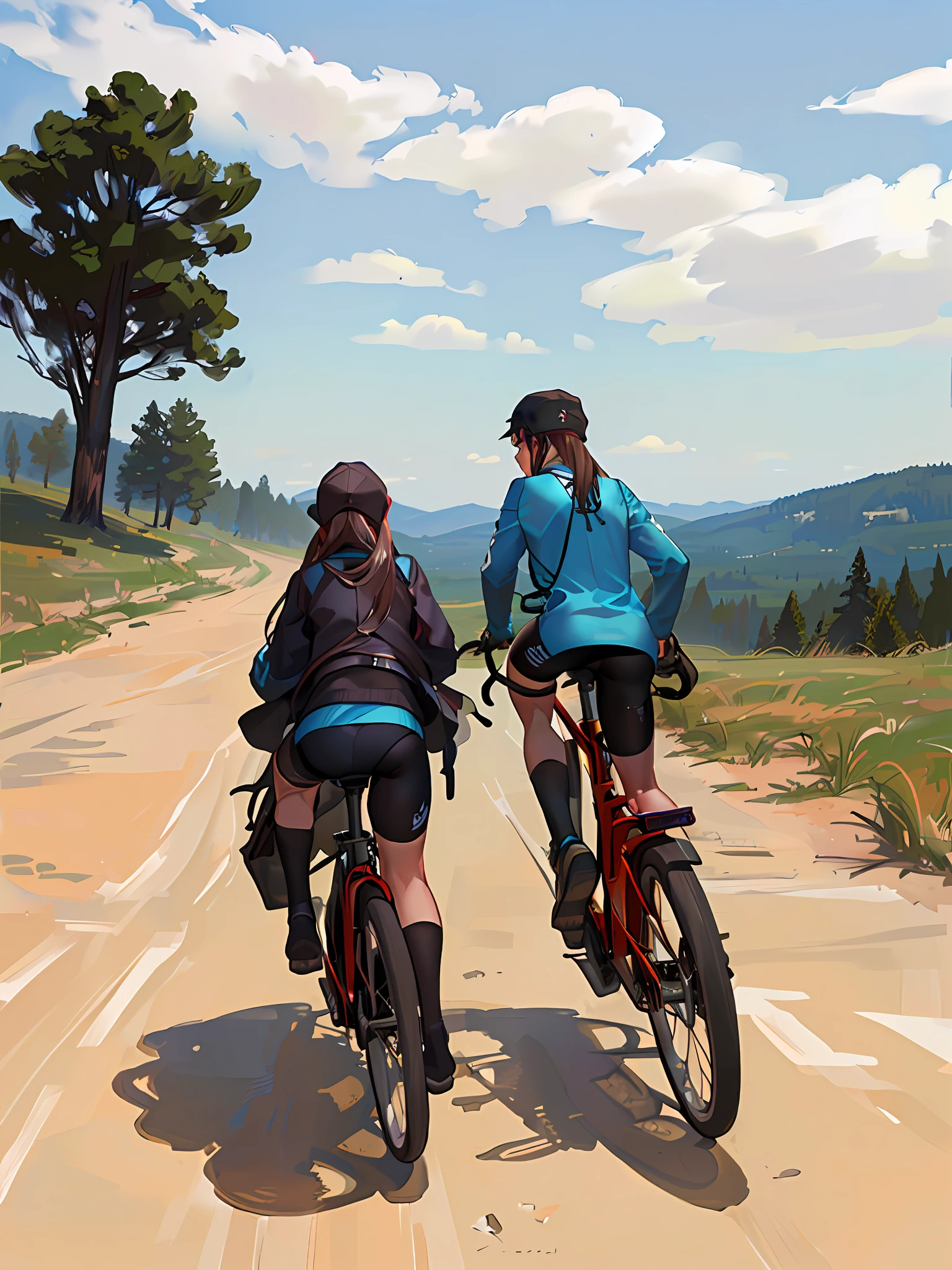 duas pessoas andando de bicicleta por uma estrada de terra com uma montanha ao fundo, pintado digitalmente, ciclismo!!, uma pintura digital, em pintura digital impressionante, pintura digital, Andar na estrada, stylized digital illustration, Realistic, rob rey and kentarõ miura style, recreation, pintado digital, em estilo de pintura digital, desenrolar!, digital illustration -, serene emotion