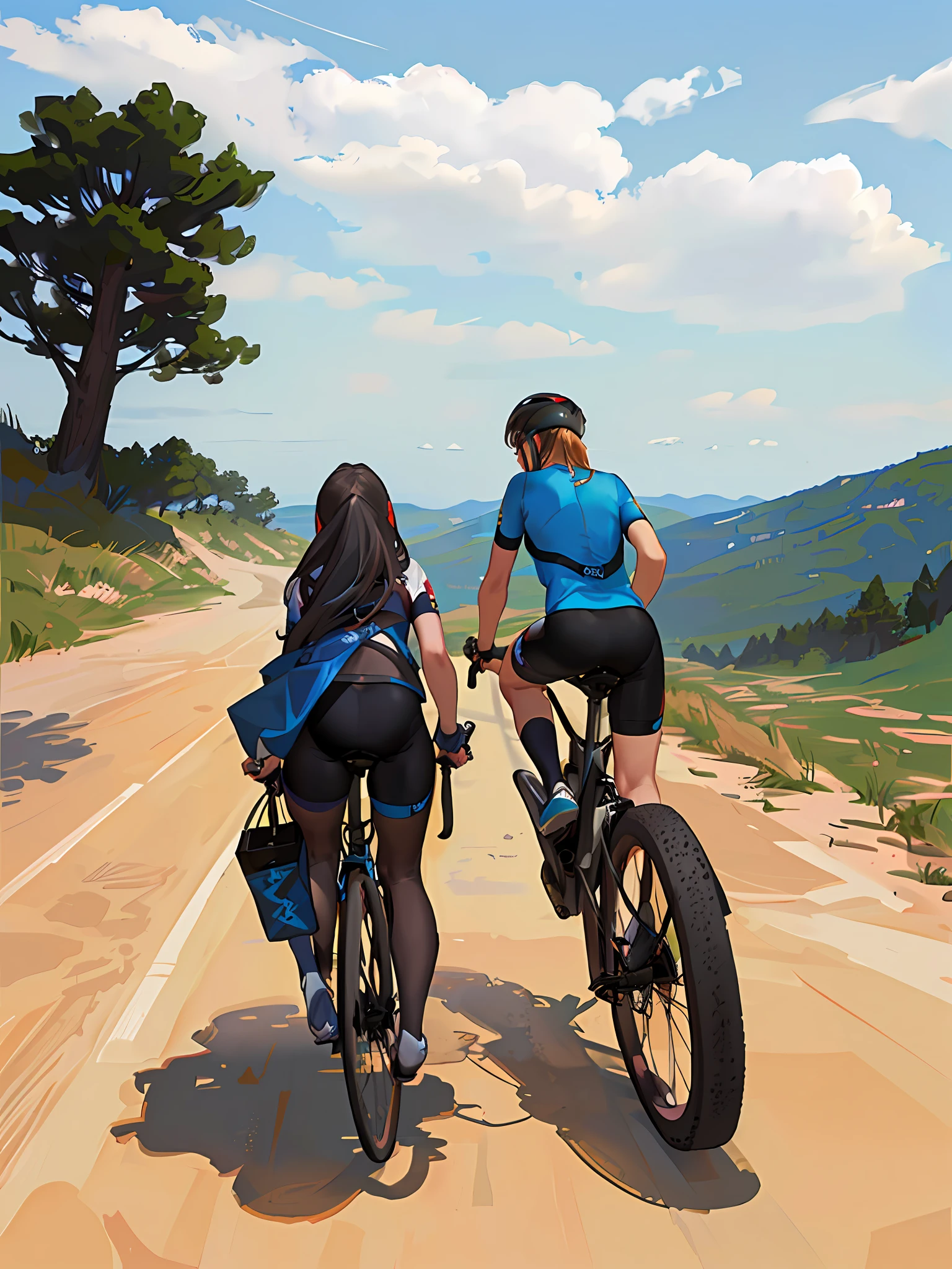 duas pessoas andando de bicicleta por uma estrada de terra com uma montanha ao fundo, pintado digitalmente, ciclismo!!, uma pintura digital, em pintura digital impressionante, pintura digital, Andar na estrada, stylized digital illustration, Realistic, rob rey and kentarõ miura style, recreation, pintado digital, em estilo de pintura digital, desenrolar!, digital illustration -, serene emotion