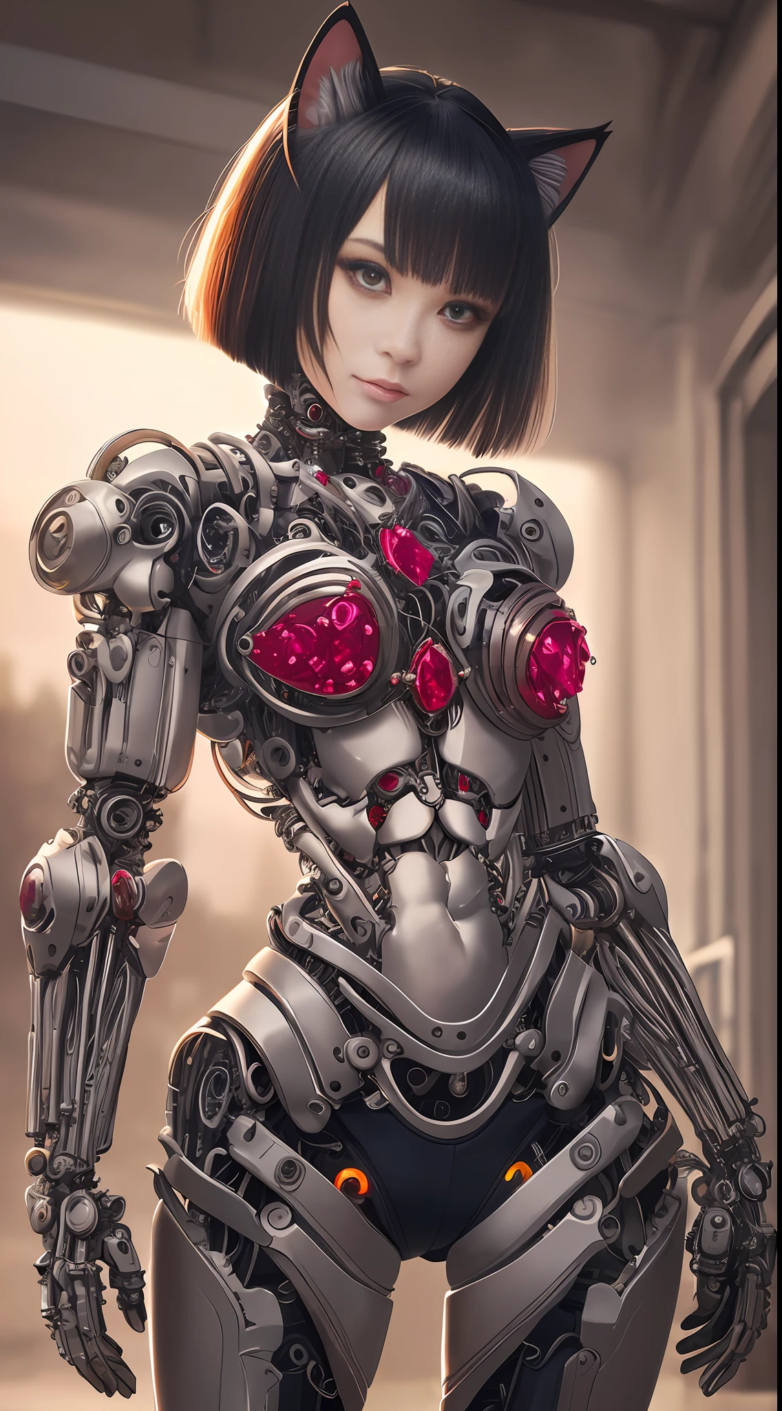 A realistic cinematic shallow focus scene of a cute young biomechanical cyborg kitten female, her full body standing with a fluid movement in a simple barren place with stunning cloudscape and a sunset.

(wearing futuristic clothing (tangerine:0.3) cropped jacket and low cut jeans on top:1) of her (intricately detailed anatomical sculpted biomechanical graphite cyborg arms, intricately detailed anatomical sculpted biomechanical graphite cyborg torso, intricately detailed anatomical sculpted biomechanical graphite cyborg legs), (intricately detailed anatomical sculpted biomechanical graphite cyborg kitten ears).

(Anatomically sculpted biomechanical graphite cyborg、Embroidered with elegant and ornate details (ruby gems:1.5), cables, wires and crimson microchips masterful crafted into her female cyborg body)

Slender hot fit body with a gorgeous young round face, expressive big round eyes, lovely full lips, cute small round nose, ([Dark:Red:0.55] short medium bob cut messy hair:1.7), (Kitten ears), (empty hands).

Captured with bright natural light and beautiful vibrant colors. 8k resolution image with a masterful cyberpunk style.

The scene has a strong heroic unconquerable mood, a masterful complete scene of the female full body standing with a happy expression.