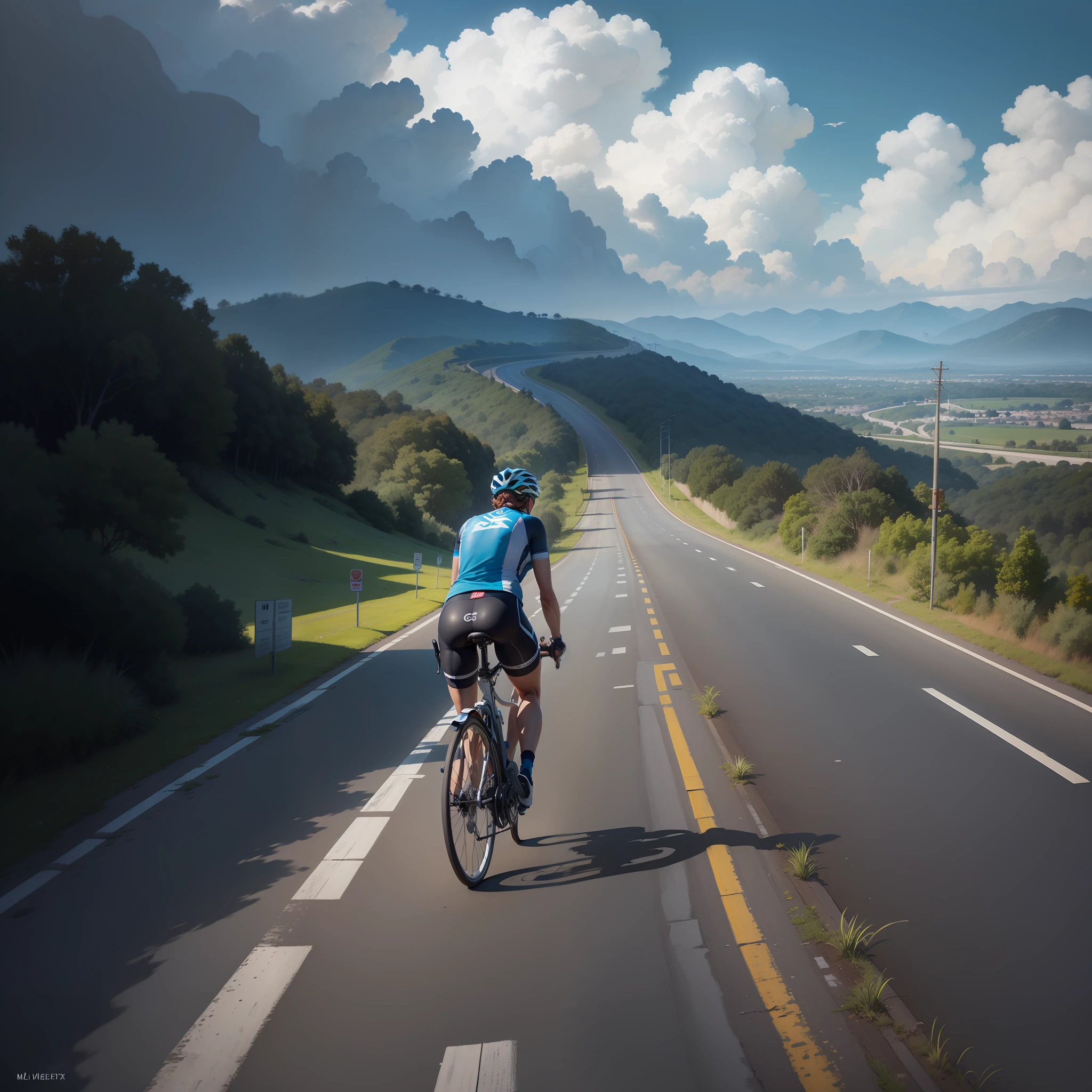 Uma obra-prima, da melhor qualidade, realista, realista, esta pintura retrata um um homem pedalando uma bicicleta no meio da estrada, Andar na estrada, Estrada para o Mar, em uma estrada, uma estrada que leva ao farol, vista para milhas, unobstructed road, estrada montanhosa, Estradas pavimentadas, From a distance, Karla Ortiz, Estradas largas, clear skies in the distance, touring, imagem profunda, Arremesso longo, ciclismo, turismo, 🚲, Toda a pintura usa um retrato bonito e realista (retrato realista kawaii estilizado), Toda a pintura mostra excelente realismo e detalhes,