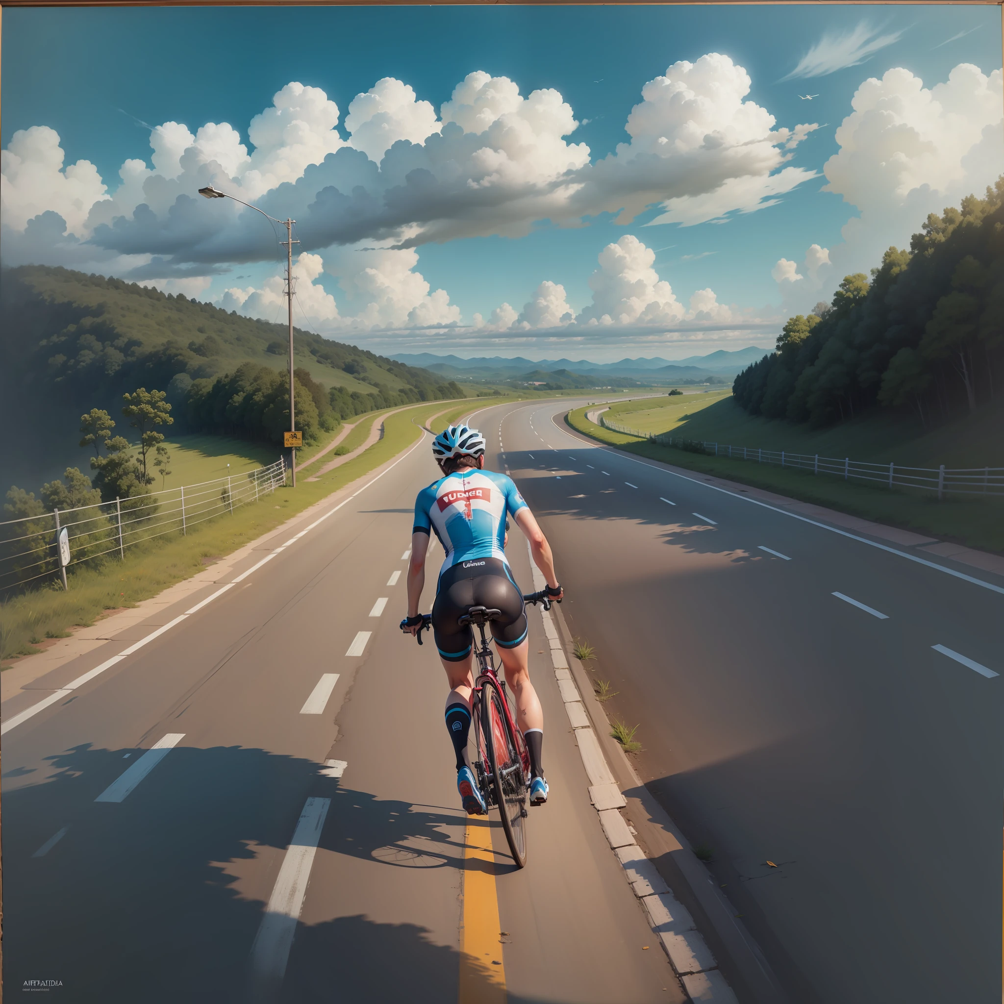 Uma obra-prima, da melhor qualidade, realista, realista, esta pintura retrata um um homem pedalando uma bicicleta no meio da estrada, Andar na estrada, Estrada para o Mar, em uma estrada, uma estrada que leva ao farol, vista para milhas, unobstructed road, estrada montanhosa, Estradas pavimentadas, From a distance, Karla Ortiz, Estradas largas, clear skies in the distance, touring, imagem profunda, Arremesso longo, ciclismo, turismo, 🚲, Toda a pintura usa um retrato bonito e realista (retrato realista kawaii estilizado), Toda a pintura mostra excelente realismo e detalhes,