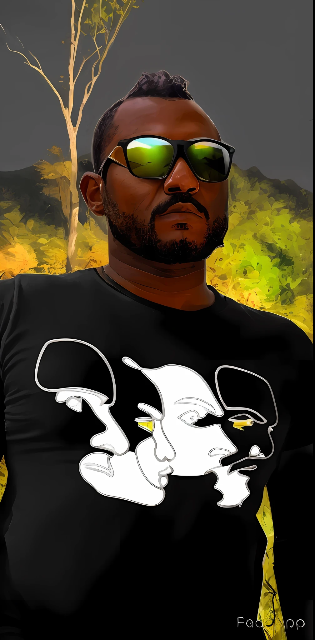 there is a man with sunglasses standing in front of a tree, symetrical faces, he is wearing a black t-shirt, symetrical detailed faces, symetrical face, detailed faces, multiple faces, wearing a black!! t - shirt, cartoonish, wearing a black t-shirt, wearing black tshirt, cartoonish and simplistic, digital art!!