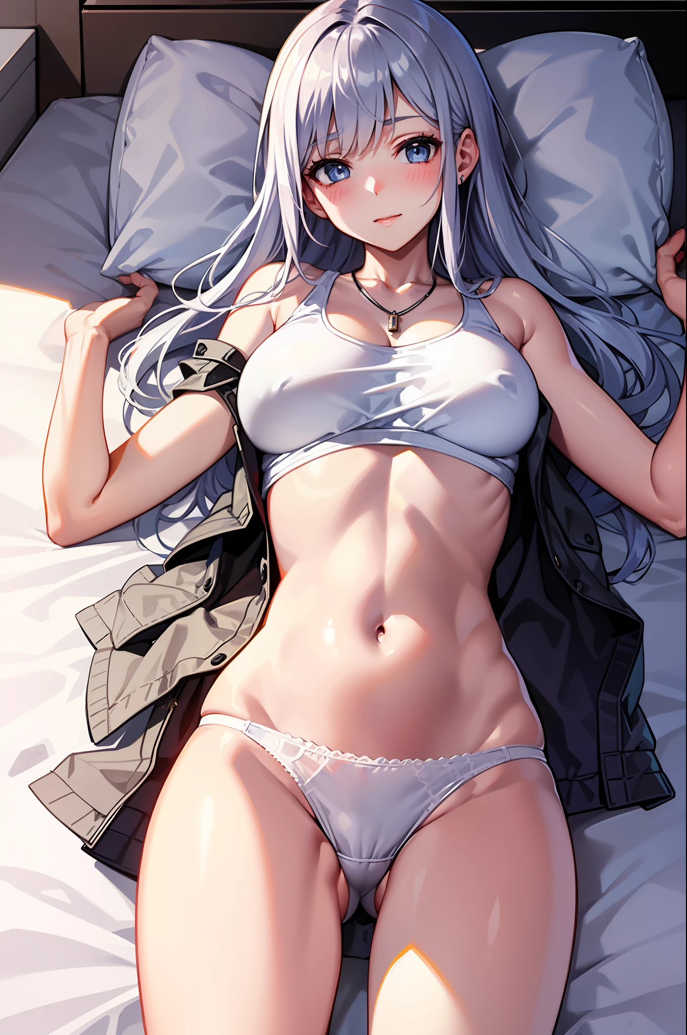 (ultra-detailed CG illustration) ,A beautiful age girl with ,（Light blue eyes) ,(Semi-long with silver hair) ,（a necklace）,（Shy face）, (Tank tops) ,a navel,（Medium) ,(Perfect body) , (Sexy white panties),（Lying Pose）,（opening legs widely）,（Mansuji）,（hotels room）,（Lying on the bed）,（Nipple protrusion 1.3）