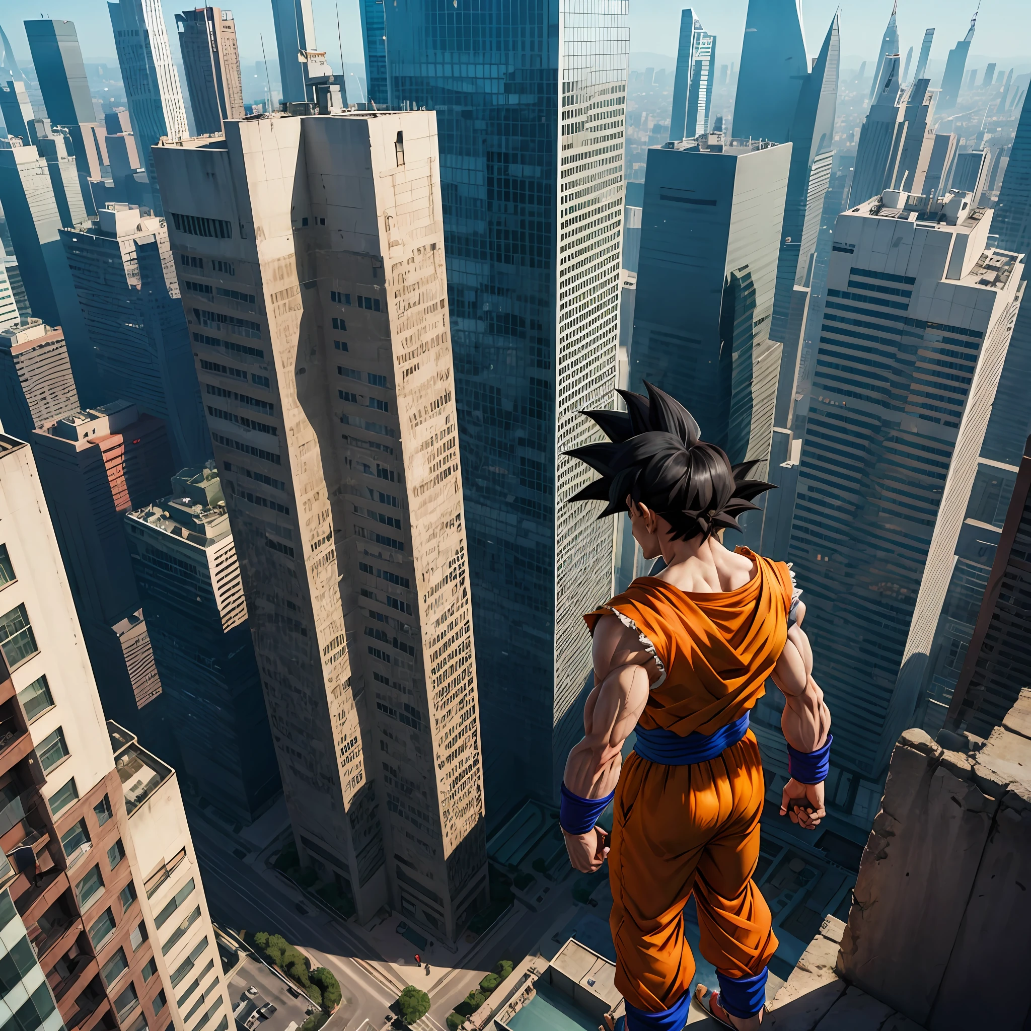 Goku looking at a city on top of a building --auto