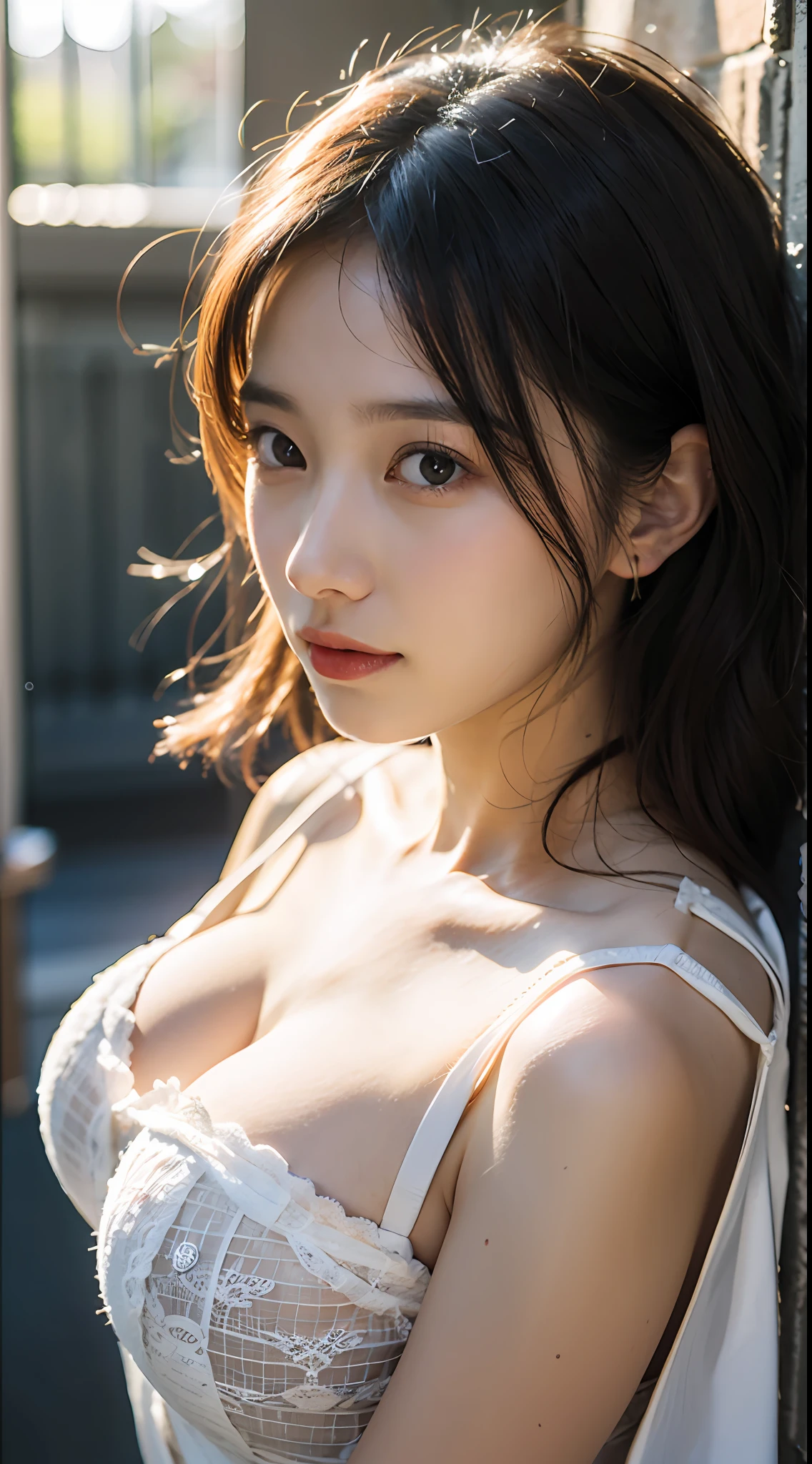 best qualtiy,tmasterpiece,超高分辨率,(realisticlying:1.4),RAW photogr,Wallpapers,photo of head,Delicate skin,medieval background,Fine eyes,the detail,self-shot, 1个Giant Breast Girl,light wind,rays of sunshine,doubt,adolable,random hair style,Lace,Bandeau,evening formal robes,