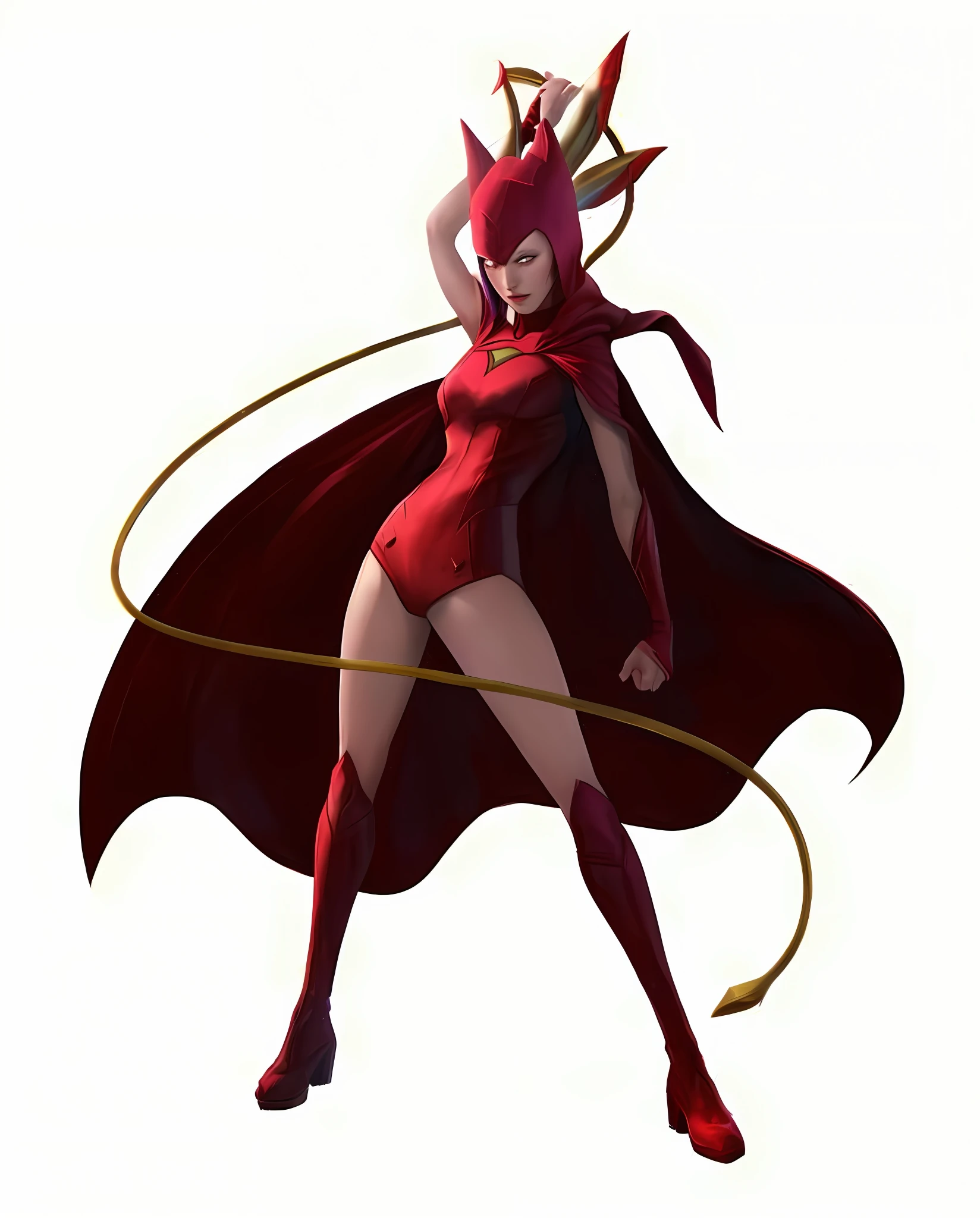 A woman dressed in red，There are ears and a red cape, The whole body is white and charming, fox nobushi, 《Persona 5》Ann High Roll, mika kurai demon, Zerotwo, scarlet witch, , asuka suit, shin megami, alexstrasza, scarlet witch marvel, High heels wear a short skirt picture