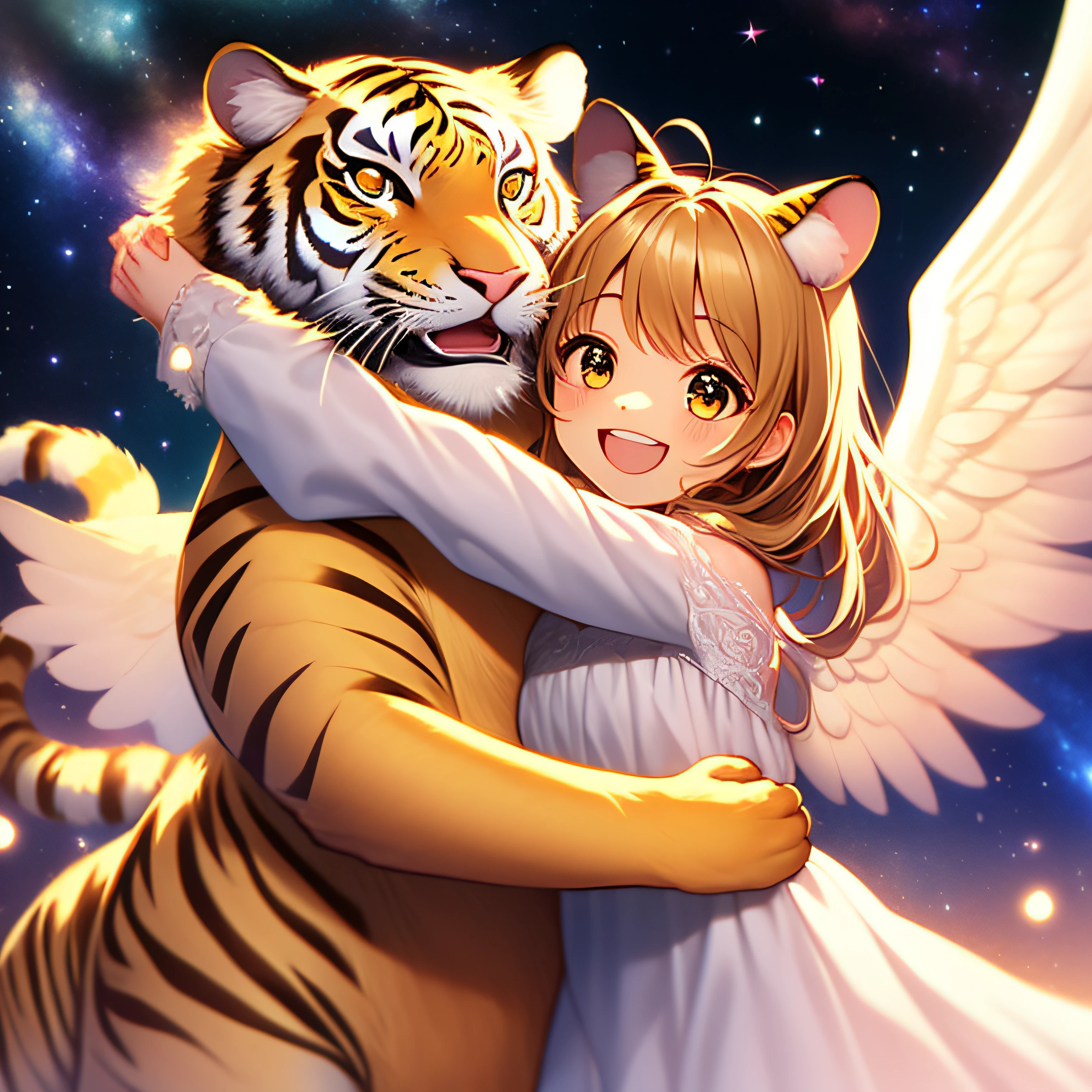 Cute Art、Shoujo manga style、an angel、White tiger ears、Long dresses、beatiful smiling face、Cute clothes、happy、Overflowing with joy、universes、Milky Way Galaxy
