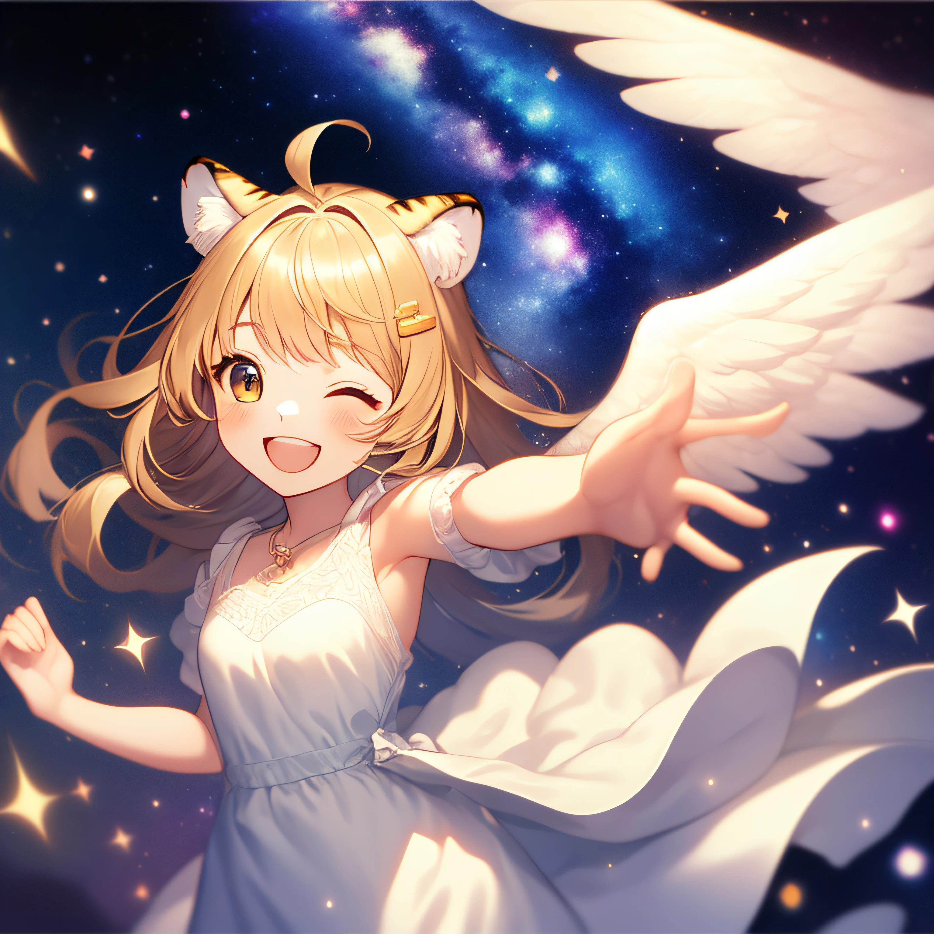 Cute Art、Shoujo manga style、an angel、White tiger ears、Long dresses、beatiful smiling face、Cute clothes、happy、Overflowing with joy、universes、Milky Way Galaxy