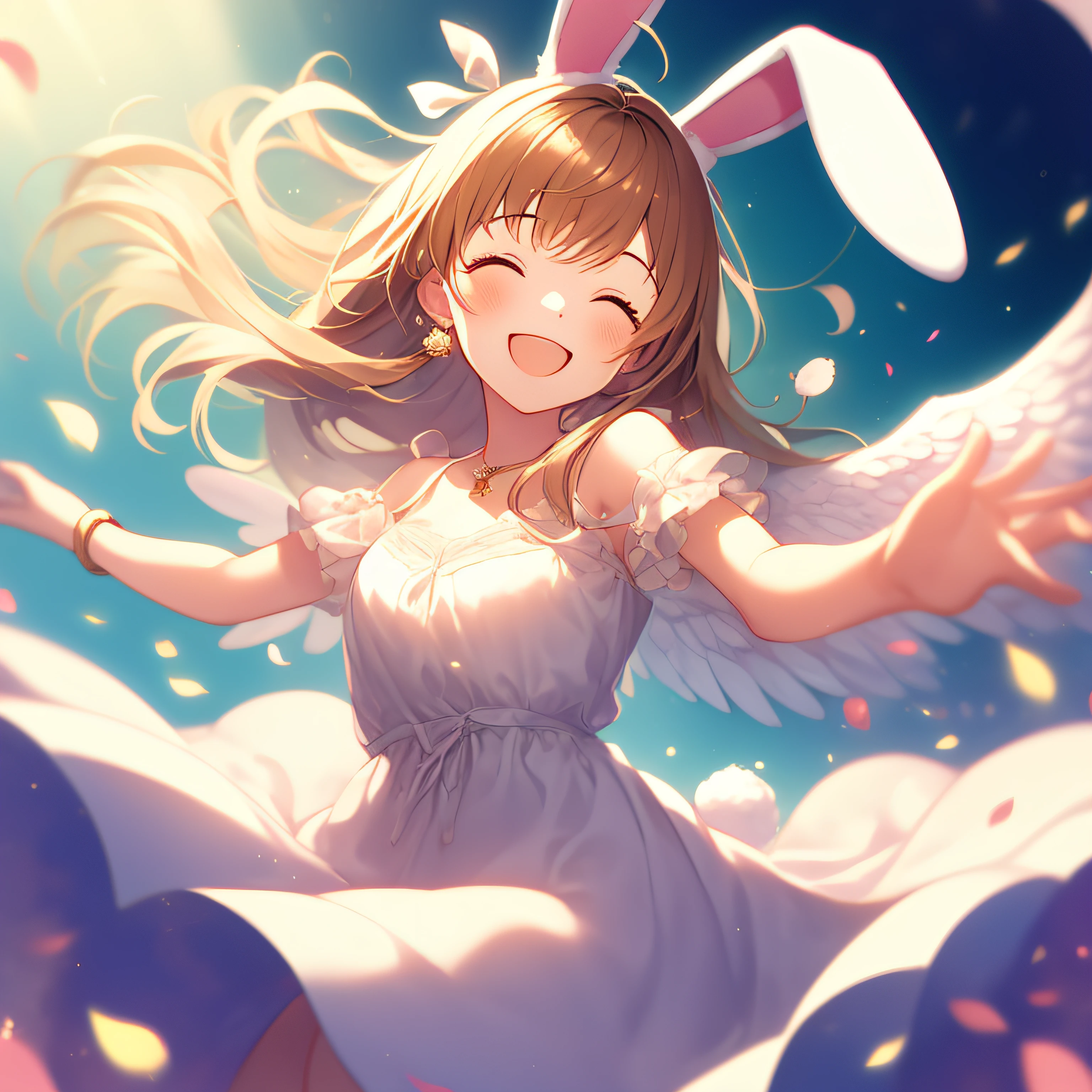 Cute Art、Shoujo manga style、an angel、Rabbit ears、Long dresses、beatiful smiling face、Cute clothes、happy、Overflowing with joy、shining light、Light of Love