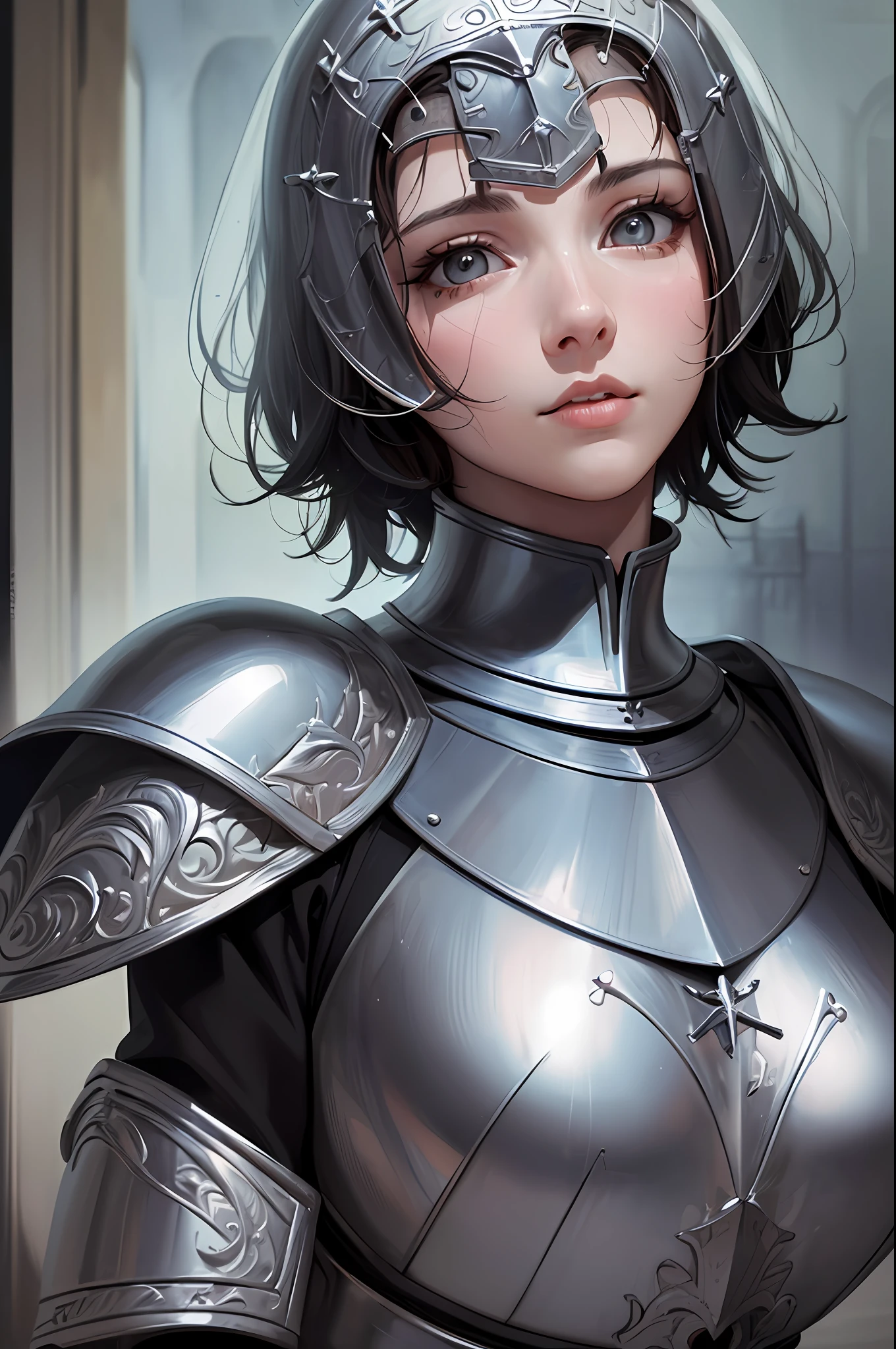 (((masterpiece))), (((best quality))), (((high resolution illustration))), (((extremely detailed))), (((intricate details))), cinematic lighting, natural light, dramatic shadows, 4k, 8k, ((1girl)), (((joan of arc))), solo, black hair, short hair, wavy hair, blunt bangs, black eyes, perfect eyes, looking at viewer, pretty, beautiful, cute, realistic, armor,