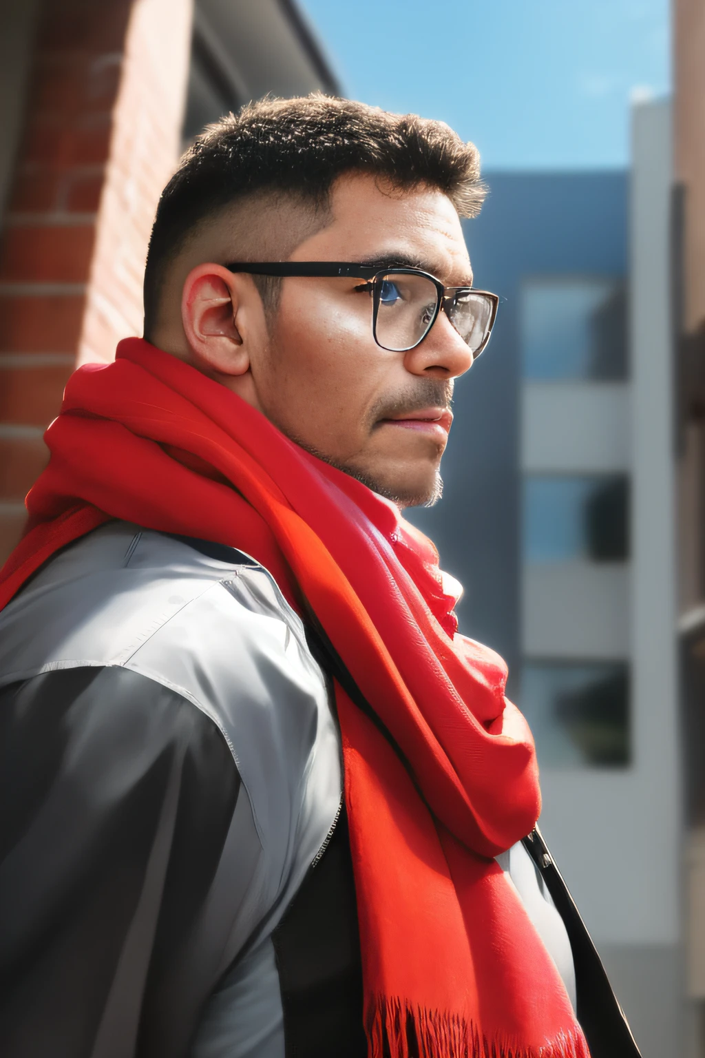Mecha, a man with glasses, Detailed and sharp face, segurando arma, scientific fiction, rifle de assalto, direto, red scarf around neck, sozinho, armadura, ((see through cloths)),