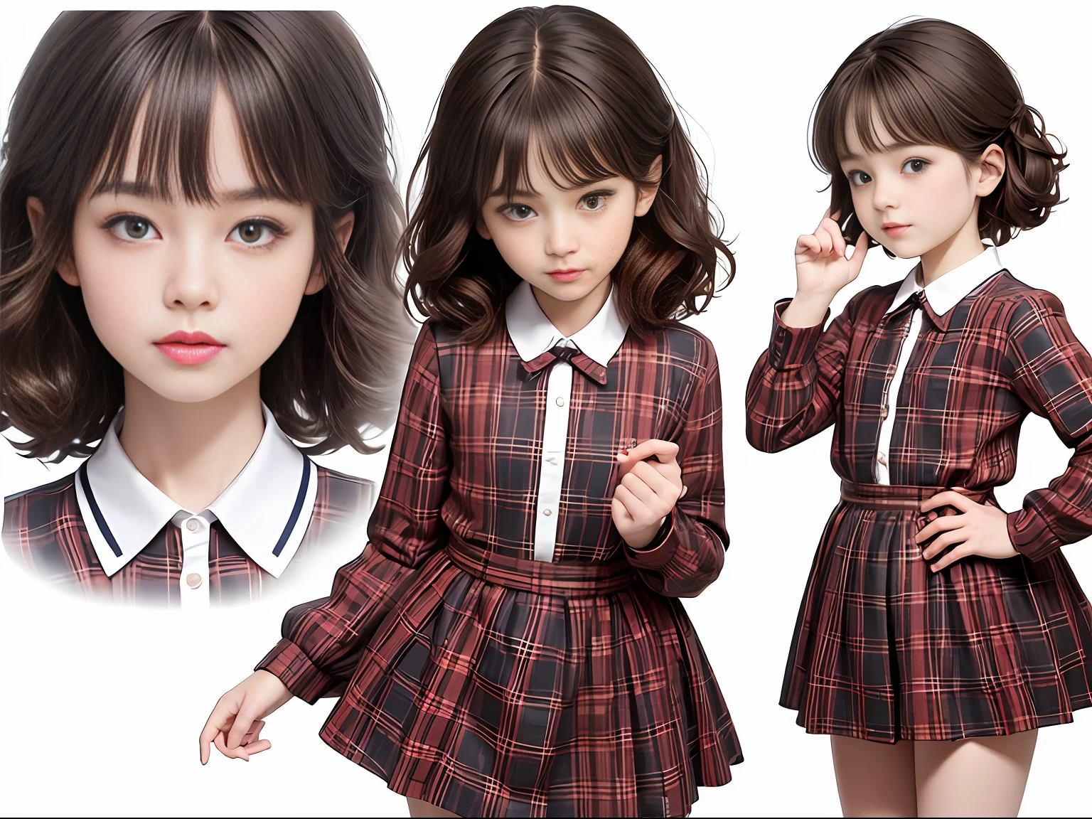 ((巨作)),(((Best Picture Quality))), （Lateral face, Character design sheets on both the front and back), Illustration of a 6 year old girl, Brown hair color and bangs hairstyle,Energetic and eyes, hairstyle fax，red plaid skirt，Soviet Star（White background weight 1.3）, --6 --auto