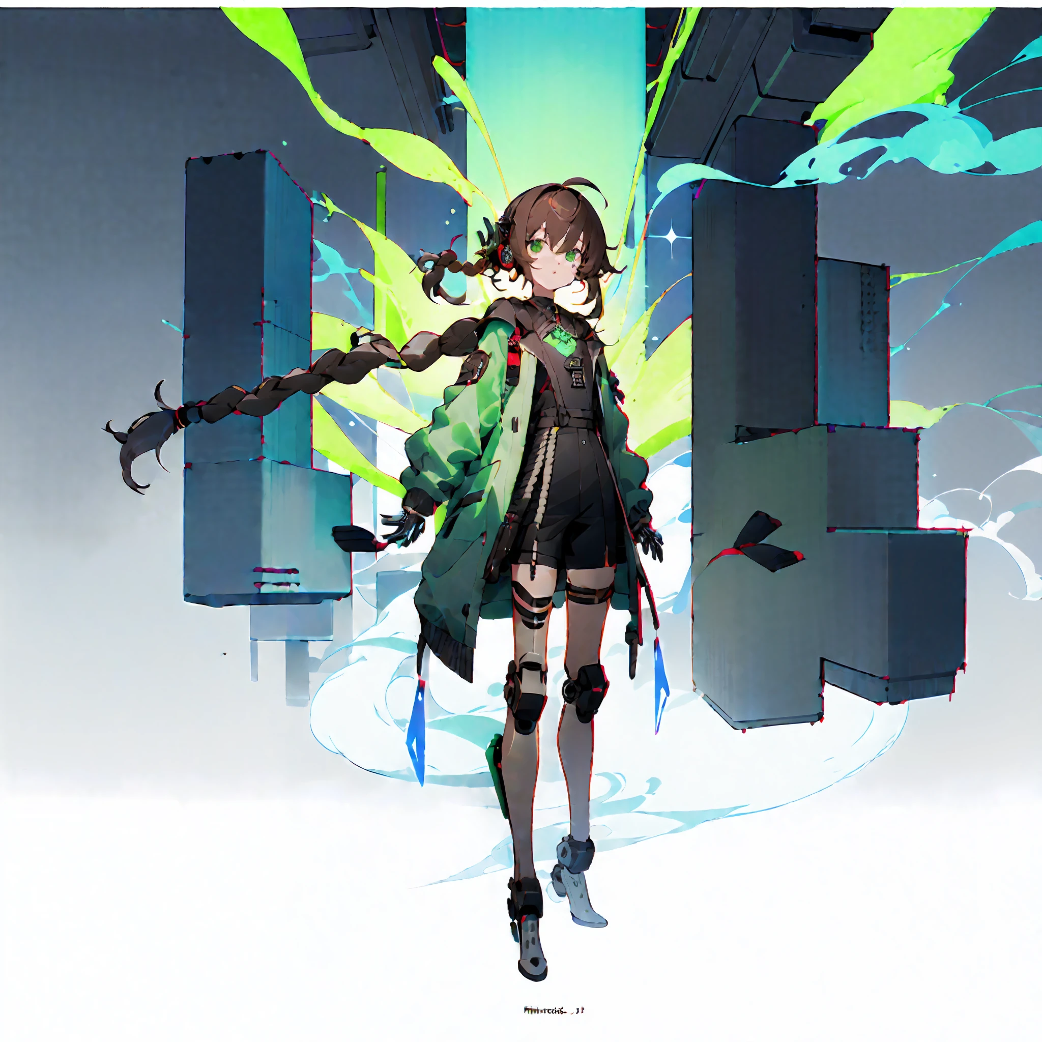 （Mechanical punk background)，[[(Background on white background:4) ::5]]，（isometry：1.0），Large area of blank，（Delicate face and beautiful eyes），simplebackground， 1girll， Medium Shot Shot， (full bodyesbian)， light particules，（Very long hair）(((Brown long double braid)))，wispy hair，(Green near-futuristic cyberpunk jacket)，Green eyes，Standing painting style，(face as it is)，((Mechanical legs for girls))，(Smoke background)，（独奏），green colored theme，Volumetriclighting，Small Man，flatchest，cropped legs，Earphone，Four-headed body，Cold，looking looking at viewer，（（（short man））），the detail，grieves，exquisite detailing，Leg straps，frontage，Gray square bricks under the feet，inverted image
