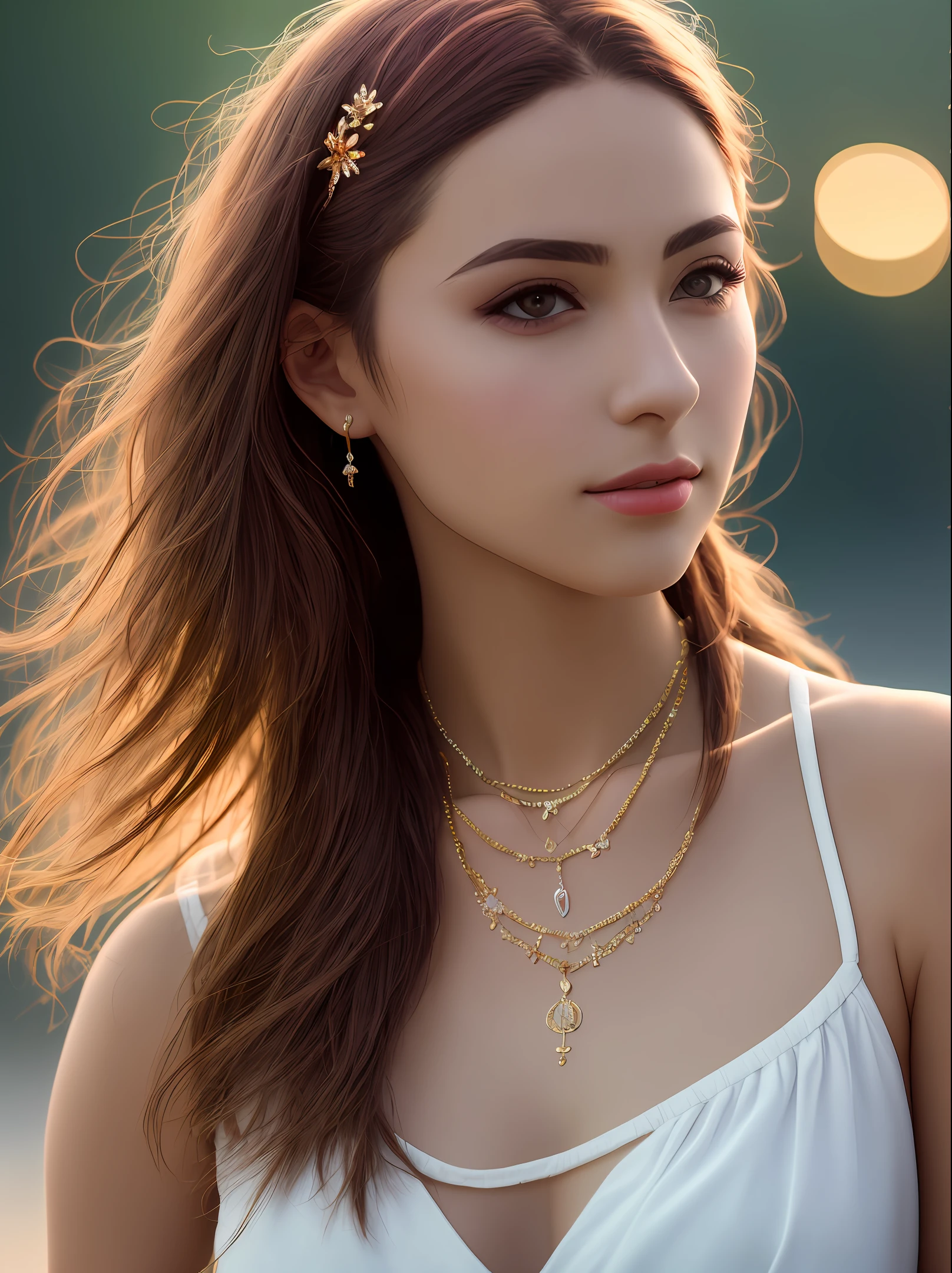 Best Quality, Masterpiece, High Resolution, 1girl, Nudity, Hair Accessories, Necklace, Jewelry, Beautiful Face, upon_body, Tyndall Effect, Realism, Dark Studio, Edge Lighting, Two-tone Lighting, (High Detail Skin: 1.2), 8k UHD, DSLR, Soft Lighting, High Quality, Volume Lighting, Frank, Photo, High Resolution, 4K, 8K, Bokeh