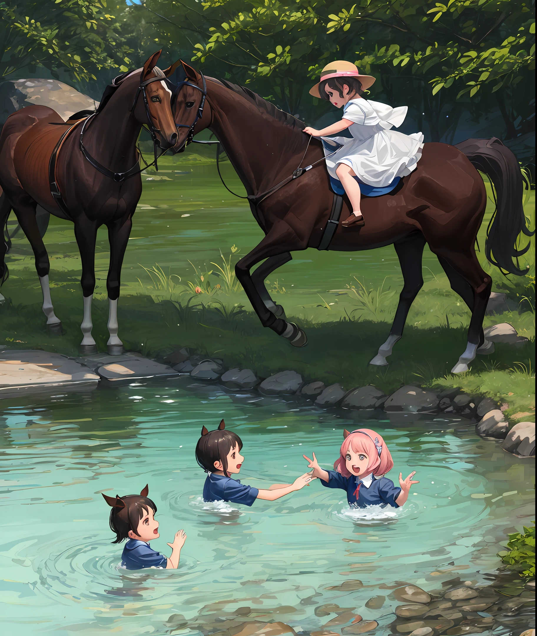 Horse mouth children stream play in the water