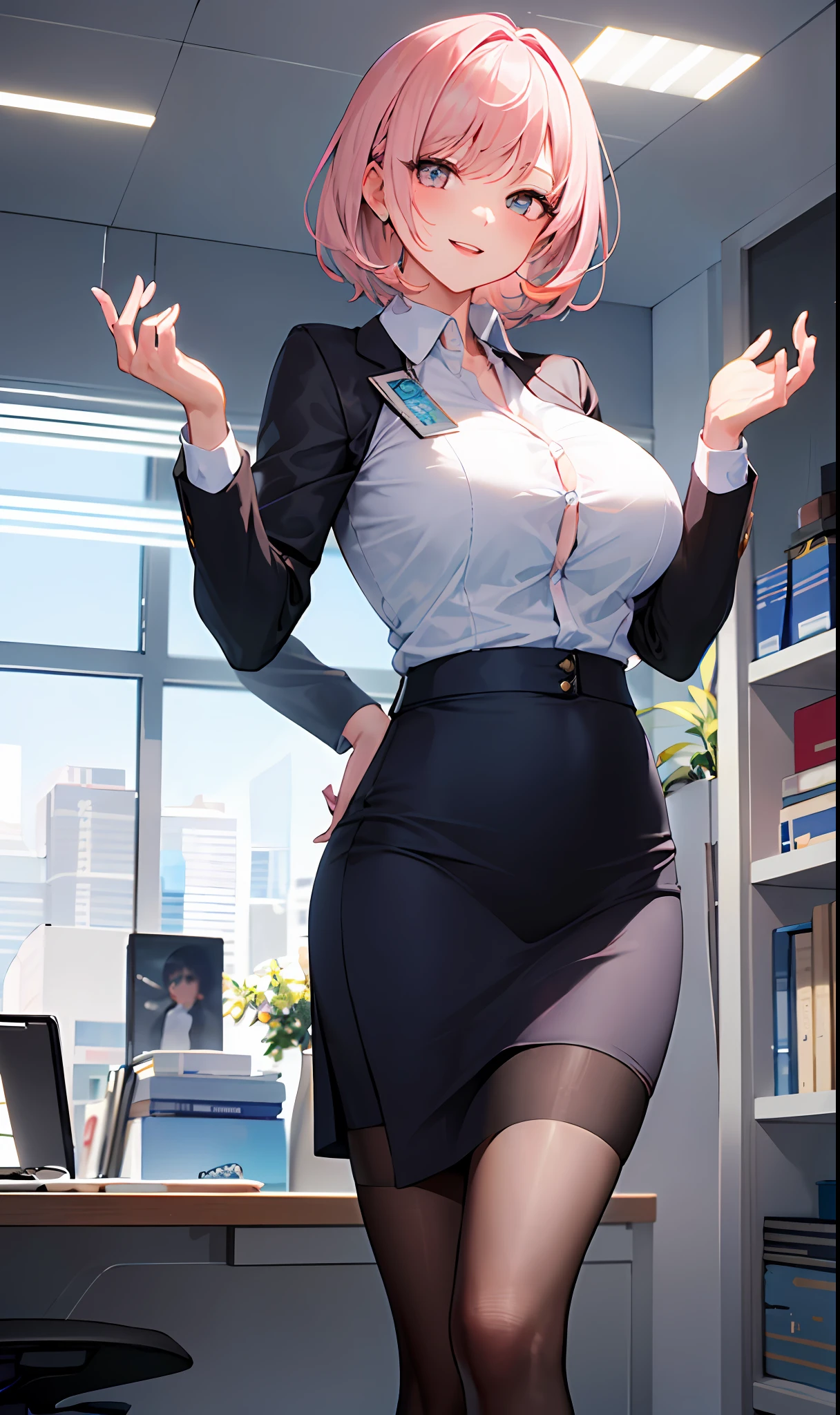 ((masterpiece, best)),(1girl),((mature woman)),light pink colored hair,large areolas,horn,((office lady)),By bangs,middlebreast,(full),slim,ssmile,[Wide buttock]，office room，standingn，aru \（bluearchive\），Transparent，cleanness，