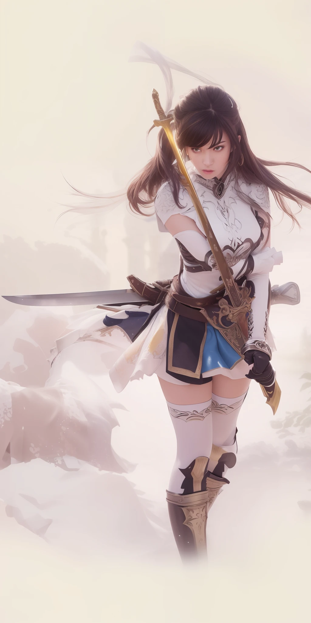 masterpiece, realistic, ultra detail, best quality, (holding 1 a sword), (sword sheath on left waist), (wearing white steel greaves), (wearing white steel gauntlets in right hand), (back twist hairstyle black haired), (has a yellow eyes), (wear a blue skirt), (wearing white stocking), (wear a left side white steeal pauldron), colorful hair, outdoor, upper body