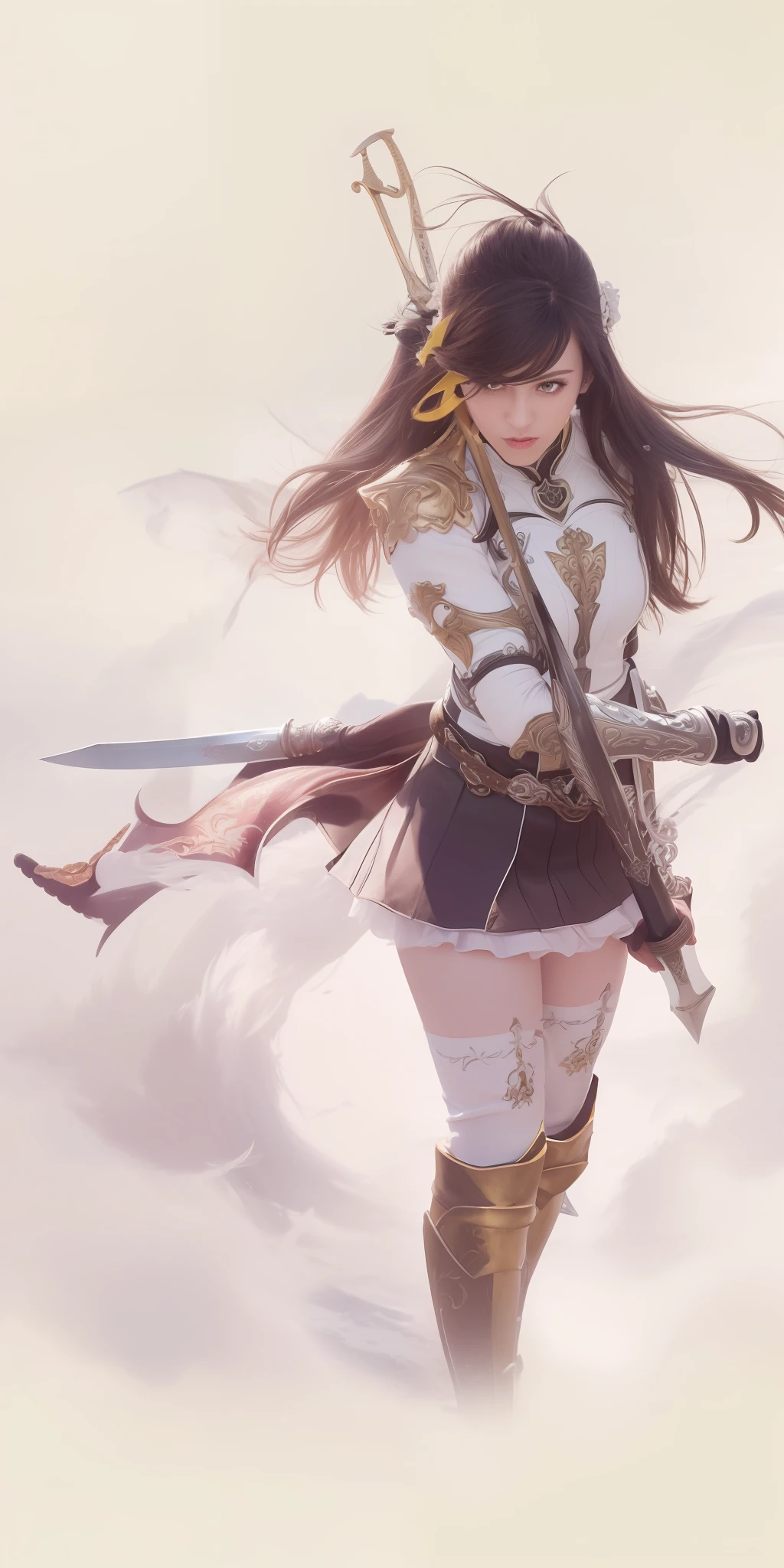 masterpiece, realistic, ultra detail, best quality, (holding 1 a sword), (sword sheath on left waist), (wearing white steel greaves), (wearing white steel gauntlets in right hand), (back twist hairstyle black haired), (has a yellow eyes), (wear a blue skirt), (wearing white stocking), (wear a left side white steeal pauldron), colorful hair, outdoor, upper body