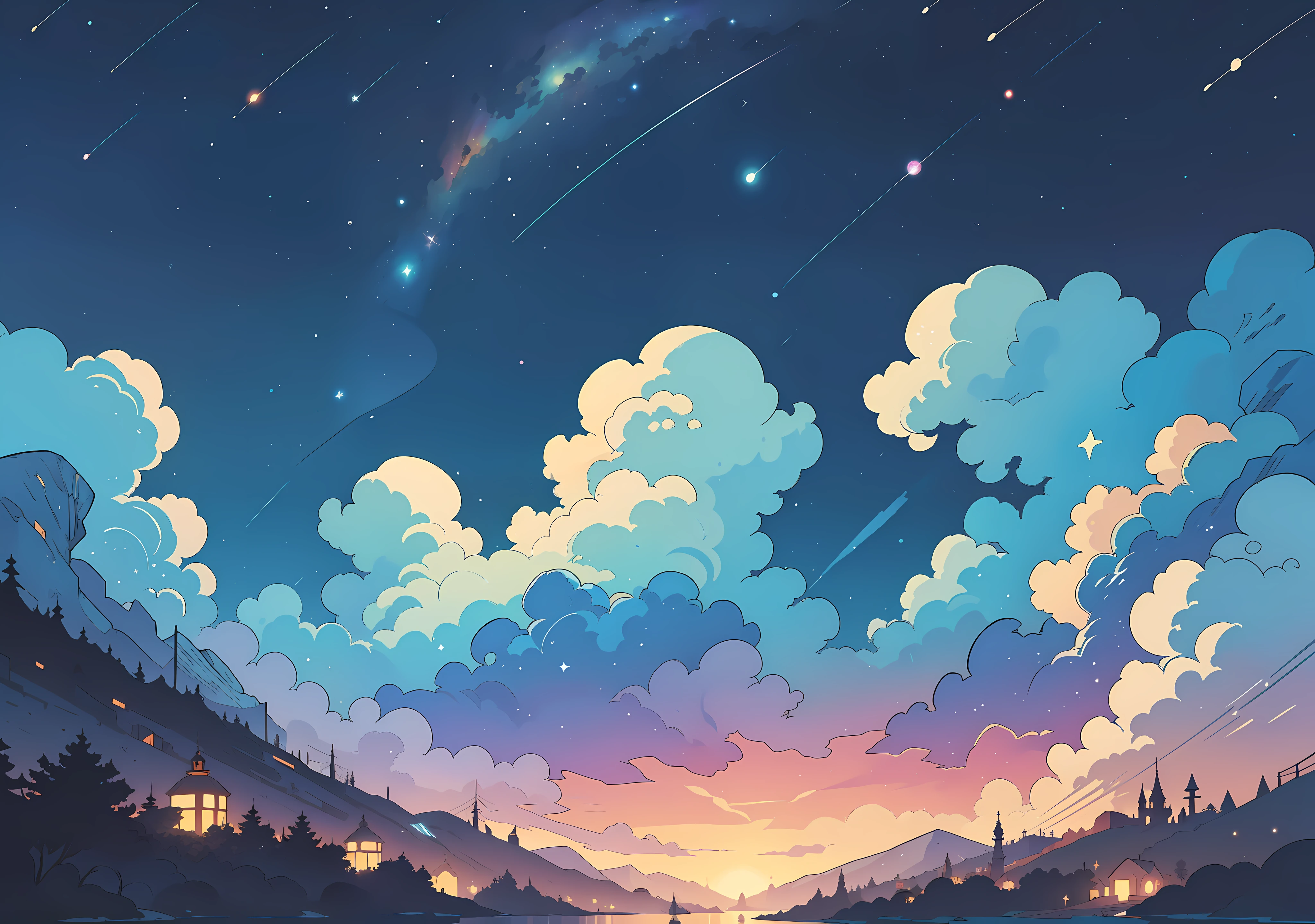 (((landscape))), scenary!!, non persons, no people, (((masterpiece))), Paisaje espacial, galaxia, cielo lleno de estrellas, magica, magical landscape, fondo oscuro, cielo negro, estrellas de colores, estrellas brillantes, colores destellantes, neon, fantasy, cute, kawaii style, anime style, divertido, colorido