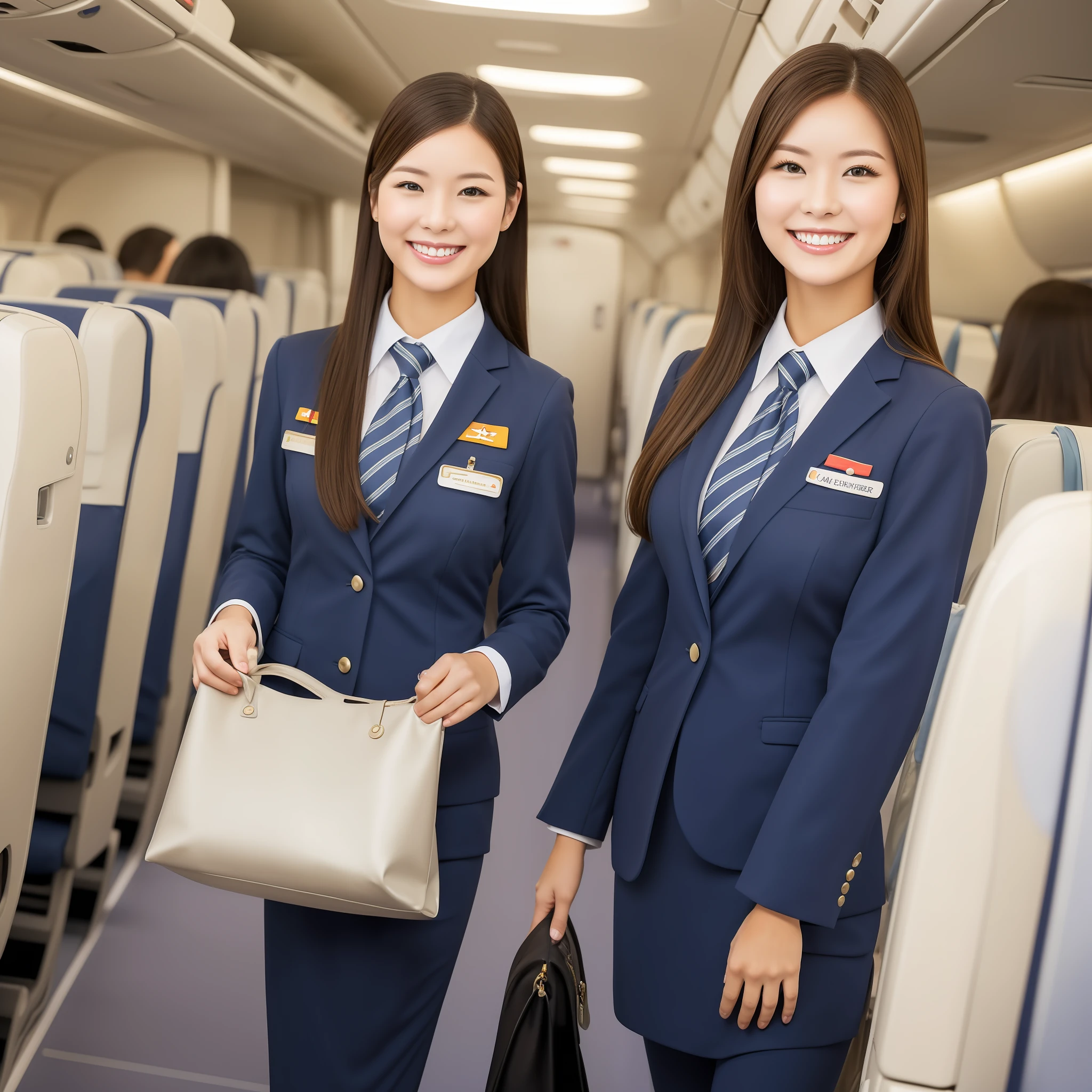 stewardess,Serve passengers in the cabin aisle,Smiling,Bag header,