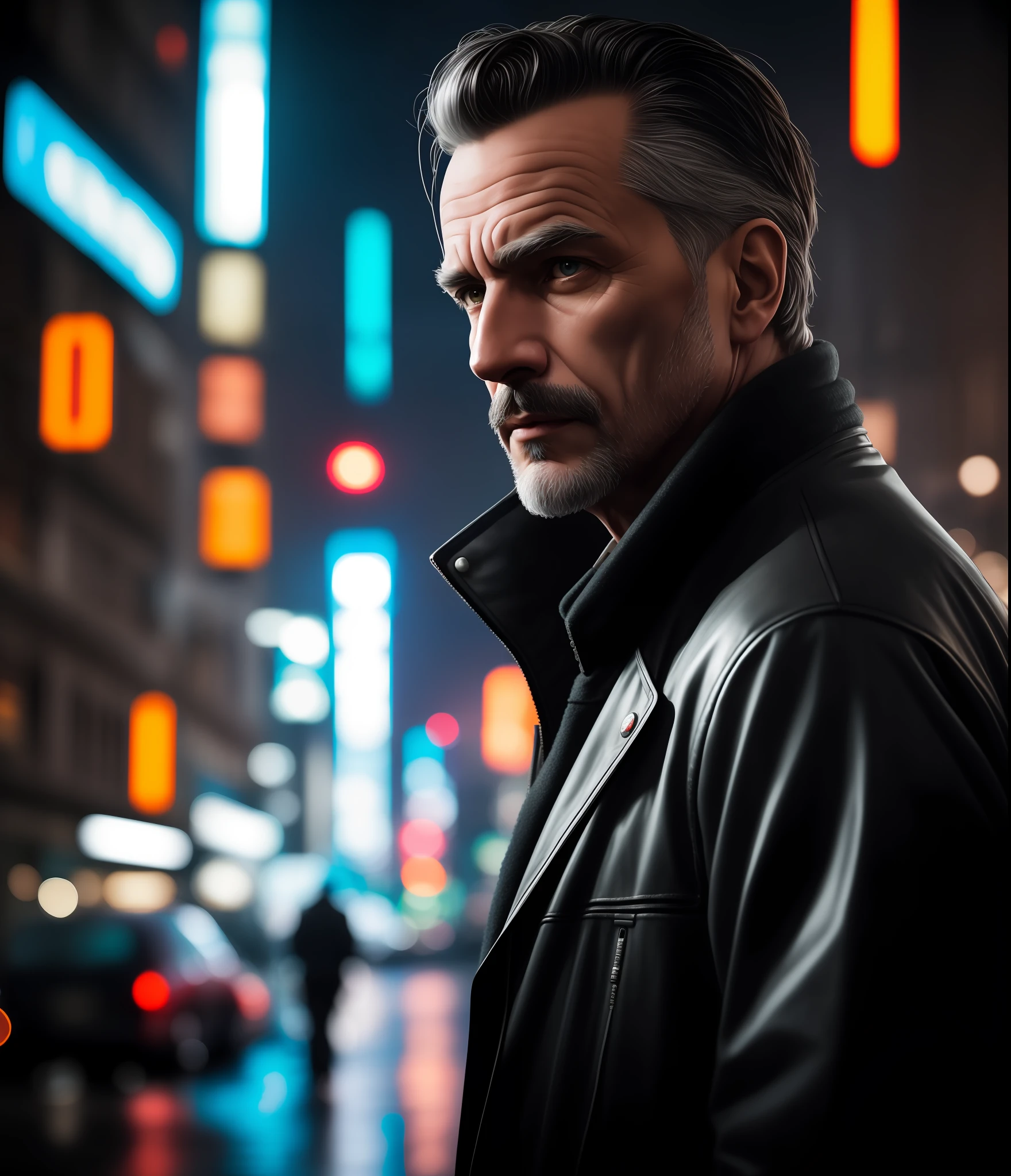 masterpiece, high detail, trending on artstation, realistic, detailed face, overall, a photo of a cyberpunk private detective, old man, dark hair, dirty, drone, Blade Runner city, neo lights, dark, rain, night, RAW, canon r6, wide shot, sharp, blurry background, rule of thirds, dramatic lights, dark shadows