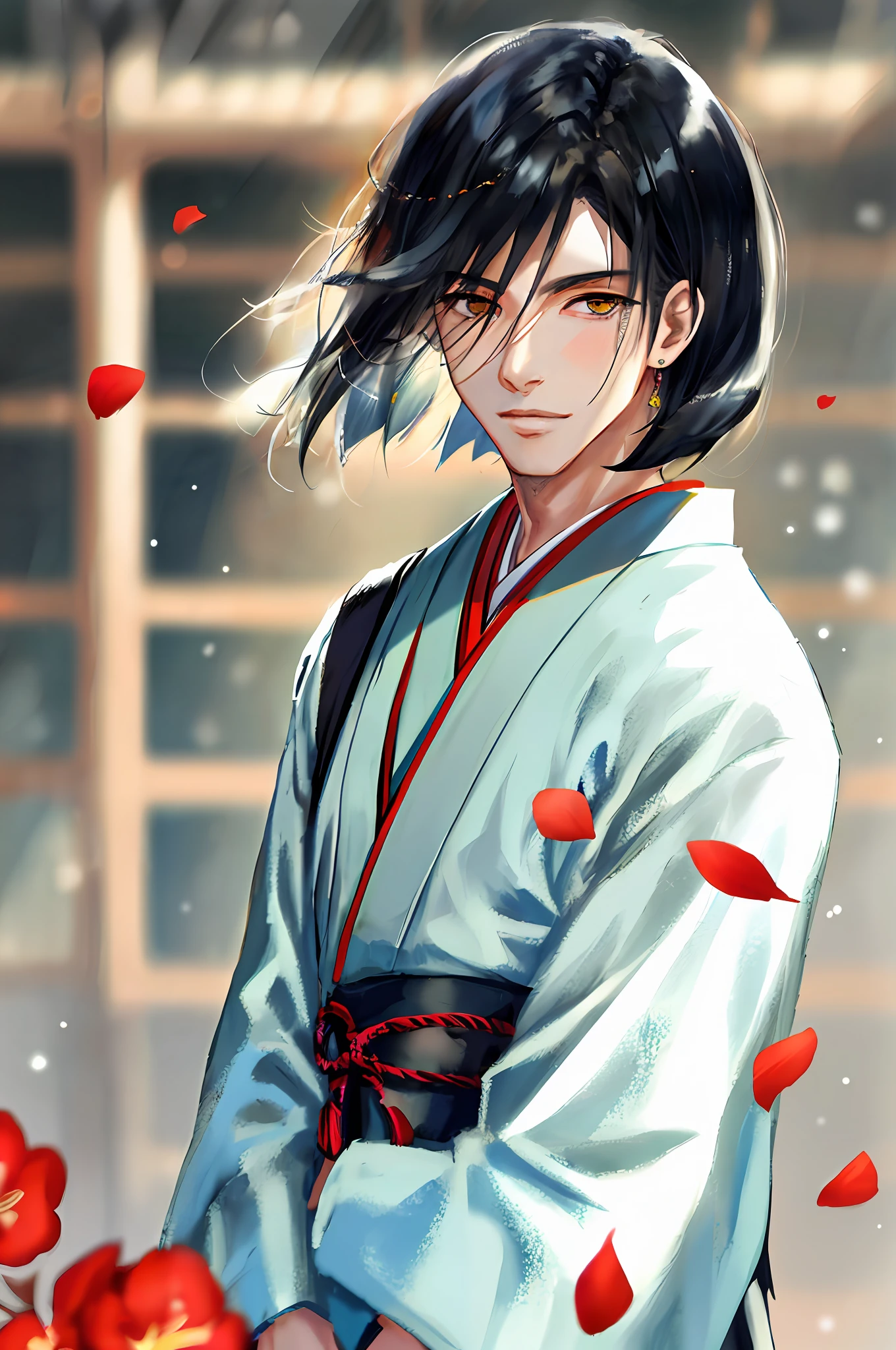 Handsome guy portrait，Japan male student，校服，Ribbons，bob-cut hair，black-hair，A half body，looking at viewert，