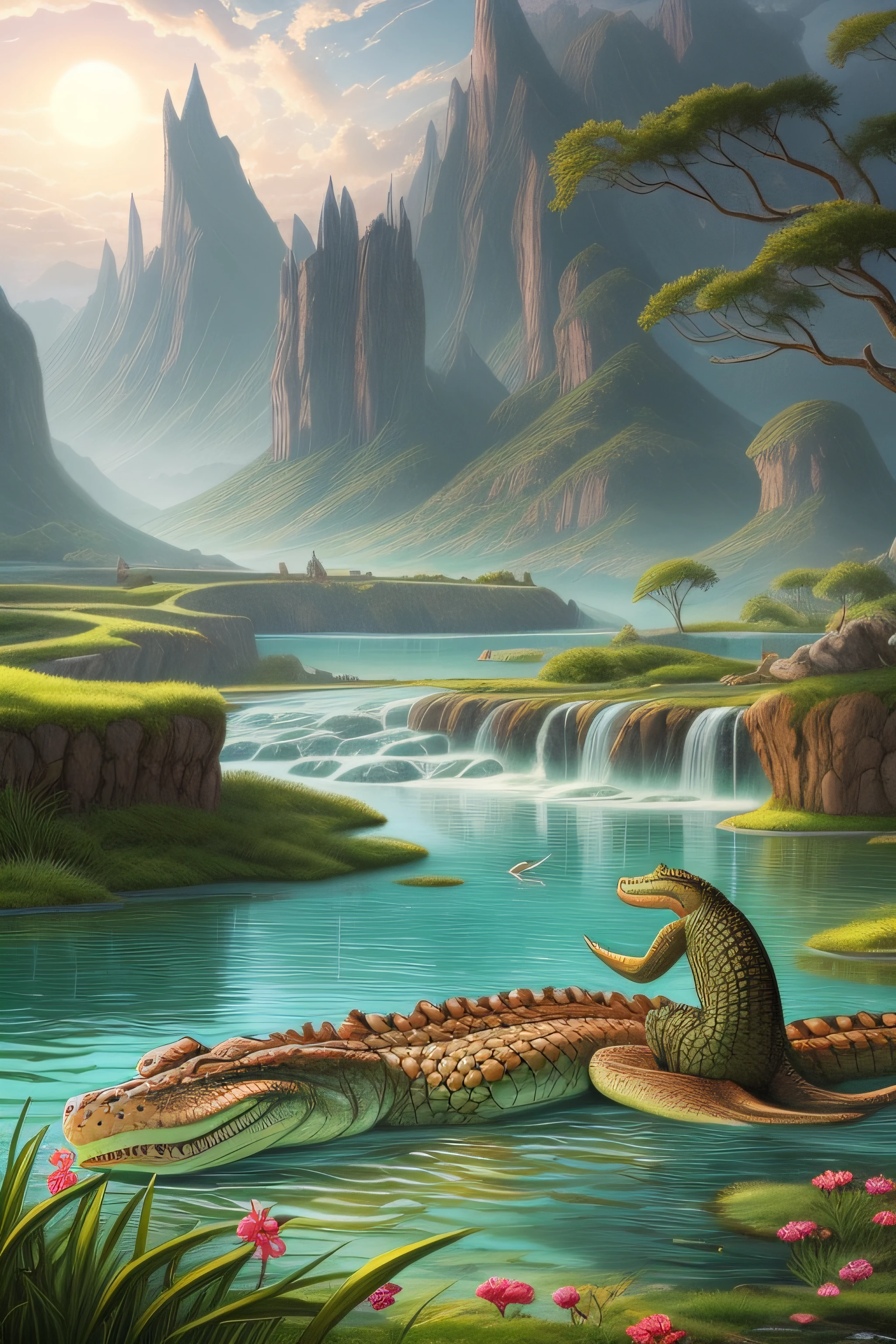 crocodiles、Fantasyart、waterside、Beautiful Landscapes、crocodile