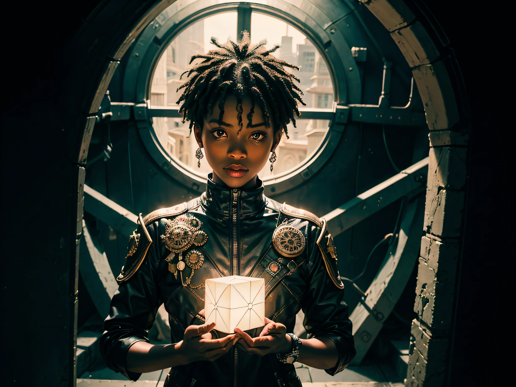 1man, (((a man))) coming out of a Stargate like the one in Stargate SG1, Black man. dark skin, detailed skin, holding a mechanical cube with circles on the sides. the cube has some glowing lines. the cube is metallic, radiating energy. the man is commanding the cube, the man is a scientist, )Man), dynamic, Hyper realistic, Photography, Picture of the week, RAW, beautiful, (finely detailed skin), African skin, (masterpiece) (perfect proportion)(realistic photo)(best quality) (detailed) photographed on a Canon EOS R5, 50mm lens, F/2.8, HDR, (8k) (wallpaper) (cinematic lighting) (dramatic lighting) (sharp focus) (intricate)