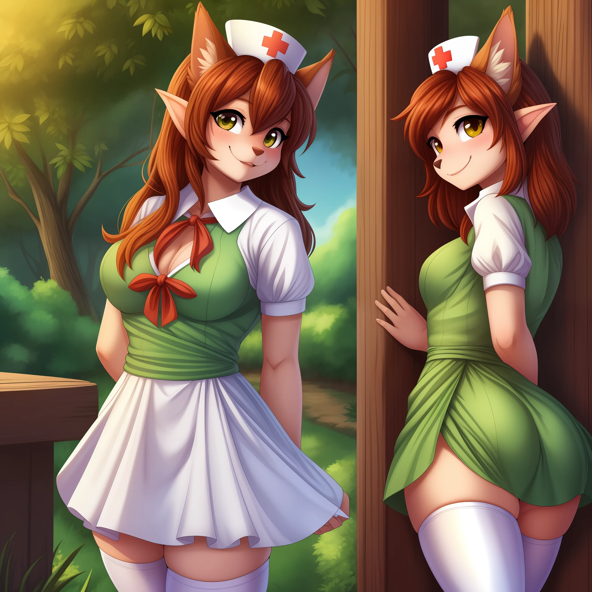 nsfw, masterpiece, bset quality, 1girl,white thighhighs,nurse uniform, mutiple views, views and dress views, (PureErosFace_V1:0.7), elora furry, detailed and extremely fluffy body fur, fluff, masterpiece, looking up beautiful surroundings, detailed background, happy, leaf-dress, (sfw), 14
