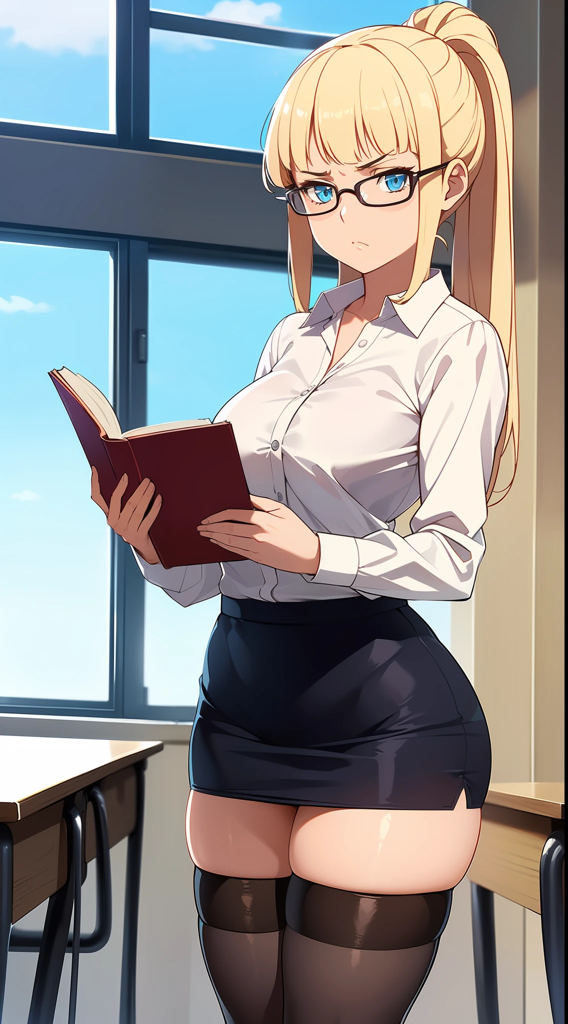 ((((kipteitei art)))), ((highres)),Masterpiece, high quality, best quality, beautiful, perfect lighting, detailed face, ultra cute face, ((1girl)), ((solo), long blonde hair, ponytail, blue eyes, glasses, unhappy look, serious look, looking at viewer, holding an open book, standing in a classroom, (classroom), daytime, dress shirt, pencil skirt, ((thigh highs)), wide hips, thick thighs, medium breasts, perky breasts, 24 year old female,