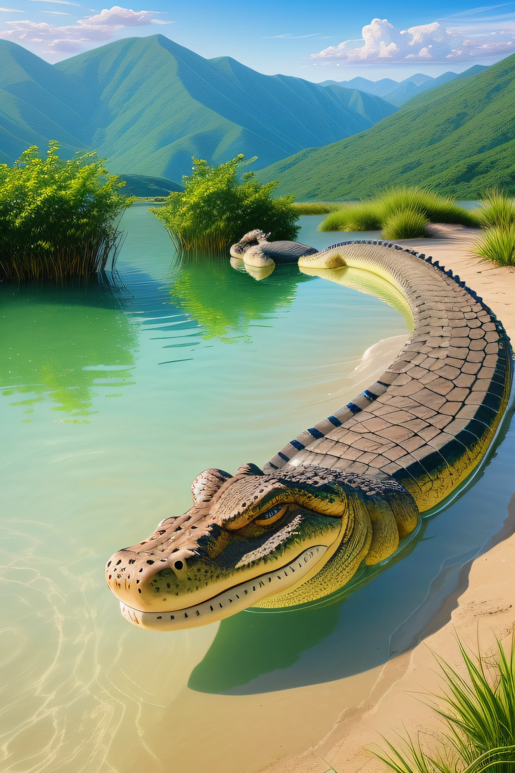 High quality art、Masterpiece、crocodiles、Beautiful waterside scenery