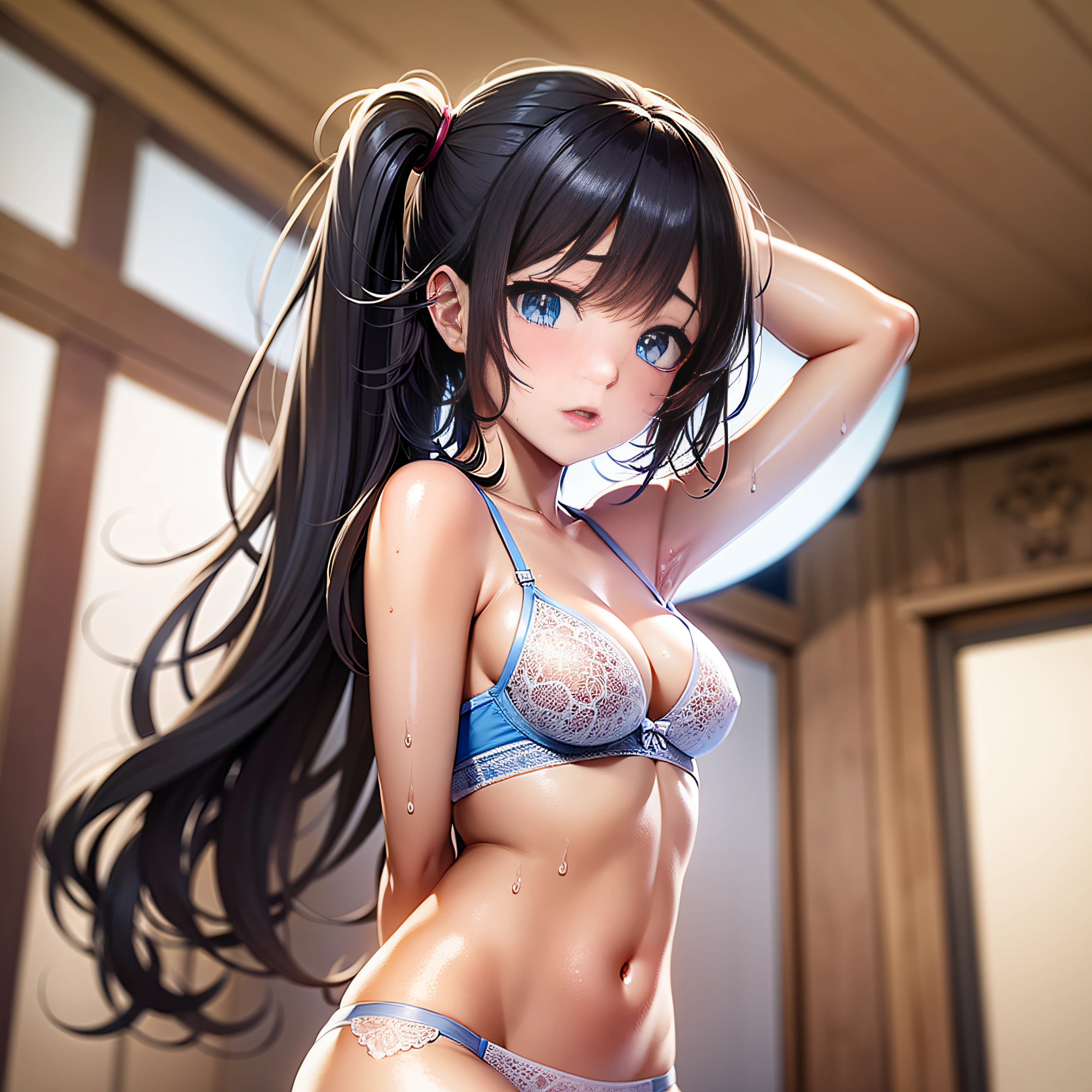Blue eyes、Hanamaru Kunikida、Side Ponytail, Animated, ceiling,Looking at Viewer、 Personage as the main perspective, Sweat, Petite, Girl,Woman,Young,20 years old, Long hair, big forhead, Short ponytail, Black hair, Flowing hair, Beautiful Face, Crying, Tears, parted_Lips, Bare arms, Human Hands, Medium_breasts, Midriff,  Blue eyes,  Wet clothes, 鎖骨, Thigh_the gap,  bloom, very precise details,fullllbody,Half-undressed、Tattered micro bikini、Deeply bitten panties、Sheer white bra、Sheer white panties、Transparent panties and bra、Wet panties、slim figure、japanes、24-year-old woman、Large watery eyes、