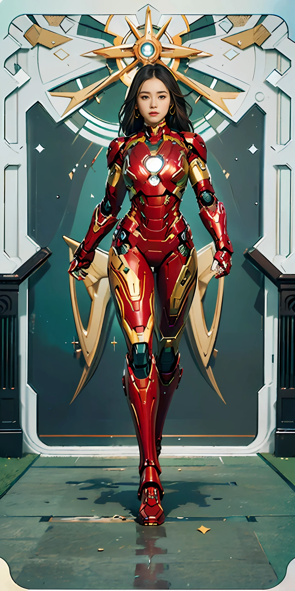 RAW, masterpiece, ultra fine photography,, best quality, ultra high definition, photorealistic, sunlight, full body portrait, stunningly beautiful, combat pose, delicate face, brilliant eyes, (front view,full body), she wears futuristic Iron Man mech, blue and yellow and green color scheme, (Iron Man destroyed on the floor), detailed face, detailed and complex busy background, messy and gorgeous, rich plump breasts, High Detail Skin, Realistic Skin Details, Visible Pore, Sharp Focus, Volumetric Fog, 8K UHD, DSLR Camera, High Quality, Film Grain, Fair Skin, Photorealism, Lomography, View from Below, Translucent