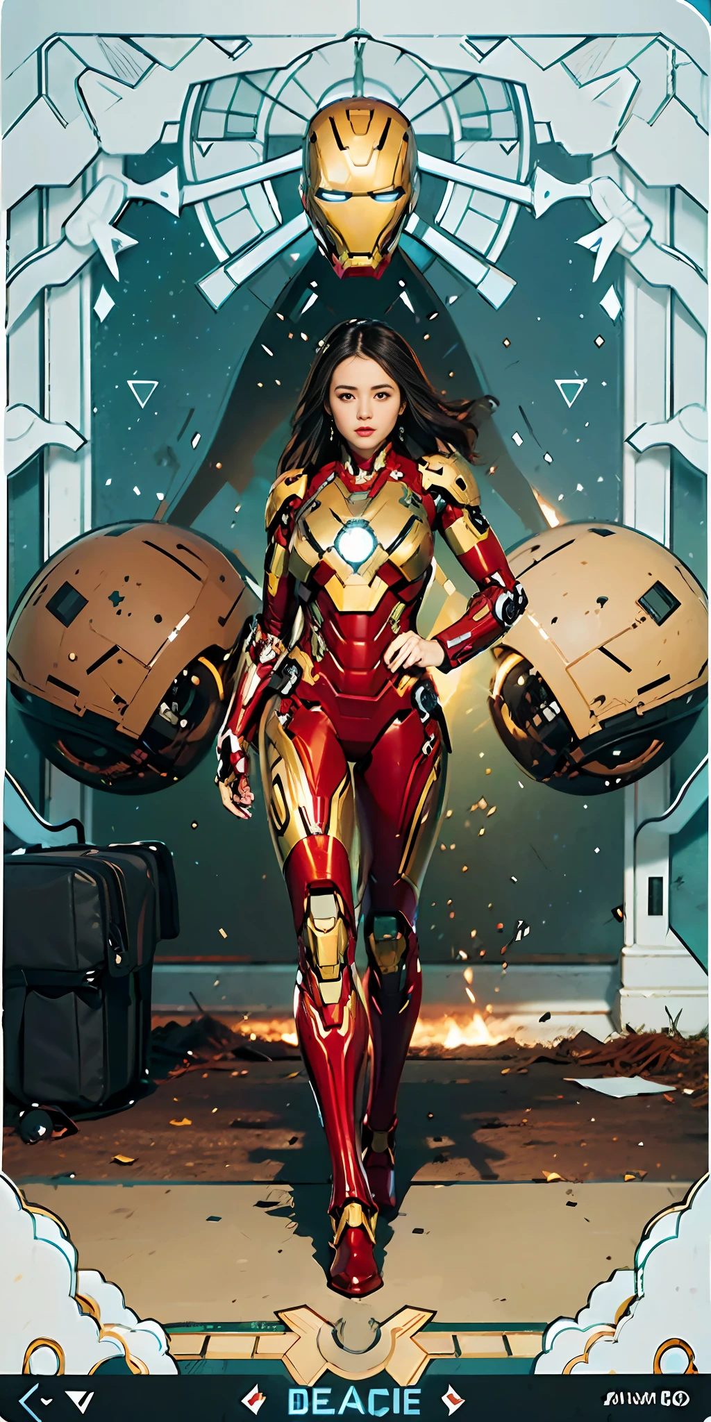 RAW, masterpiece, ultra fine photography,, best quality, ultra high definition, photorealistic, sunlight, full body portrait, stunningly beautiful, combat pose, delicate face, brilliant eyes, (front view,full body), she wears futuristic Iron Man mech, blue and yellow and green color scheme, (Iron Man destroyed on the floor), detailed face, detailed and complex busy background, messy and gorgeous, rich plump breasts, High Detail Skin, Realistic Skin Details, Visible Pore, Sharp Focus, Volumetric Fog, 8K UHD, DSLR Camera, High Quality, Film Grain, Fair Skin, Photorealism, Lomography, View from Below, Translucent