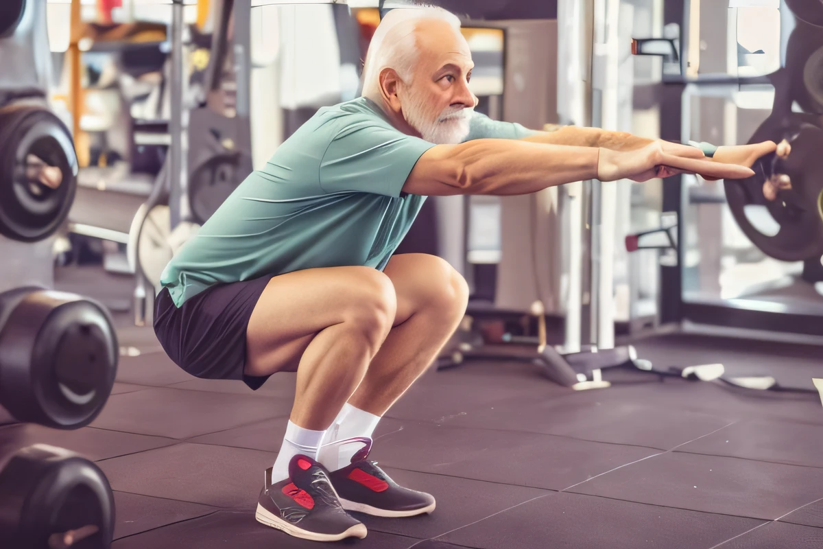 Homem agachado em uma academia com uma barra, homem mais velho, squatting, squatting pose, Velho fazendo trabalho duro, ele tem cerca de 7 0 anos de idade, 7 0 anos, 70 anos, ele tem cerca de 6 0 anos de idade, ele tem cerca de 60 anos, em uma academia, um homem de 80 anos