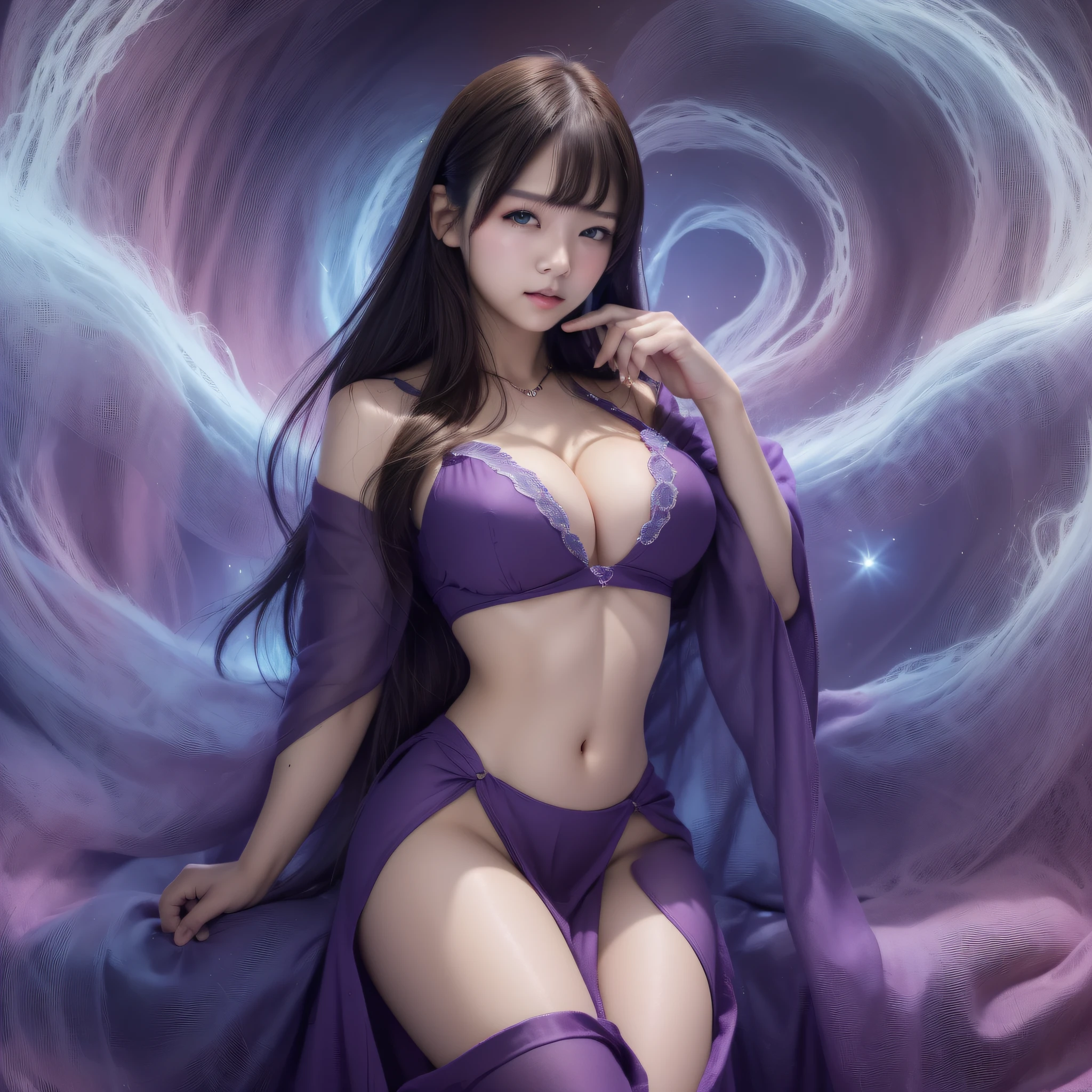 a gorgeous、Jewelry Stores、Purple long dress、22years old、(8K, Raw photo), (realisitic, Hphotorealistic:1.37), ultra-detailliert, One girl、cute face、Gaze towards the viewer, model shoot tyle, cleavage of the breast, Full body portrait, sexy pose,(Best Shadows)、physically-based renderingt、Cinematic lighting、Longhaire,Wave、bangss