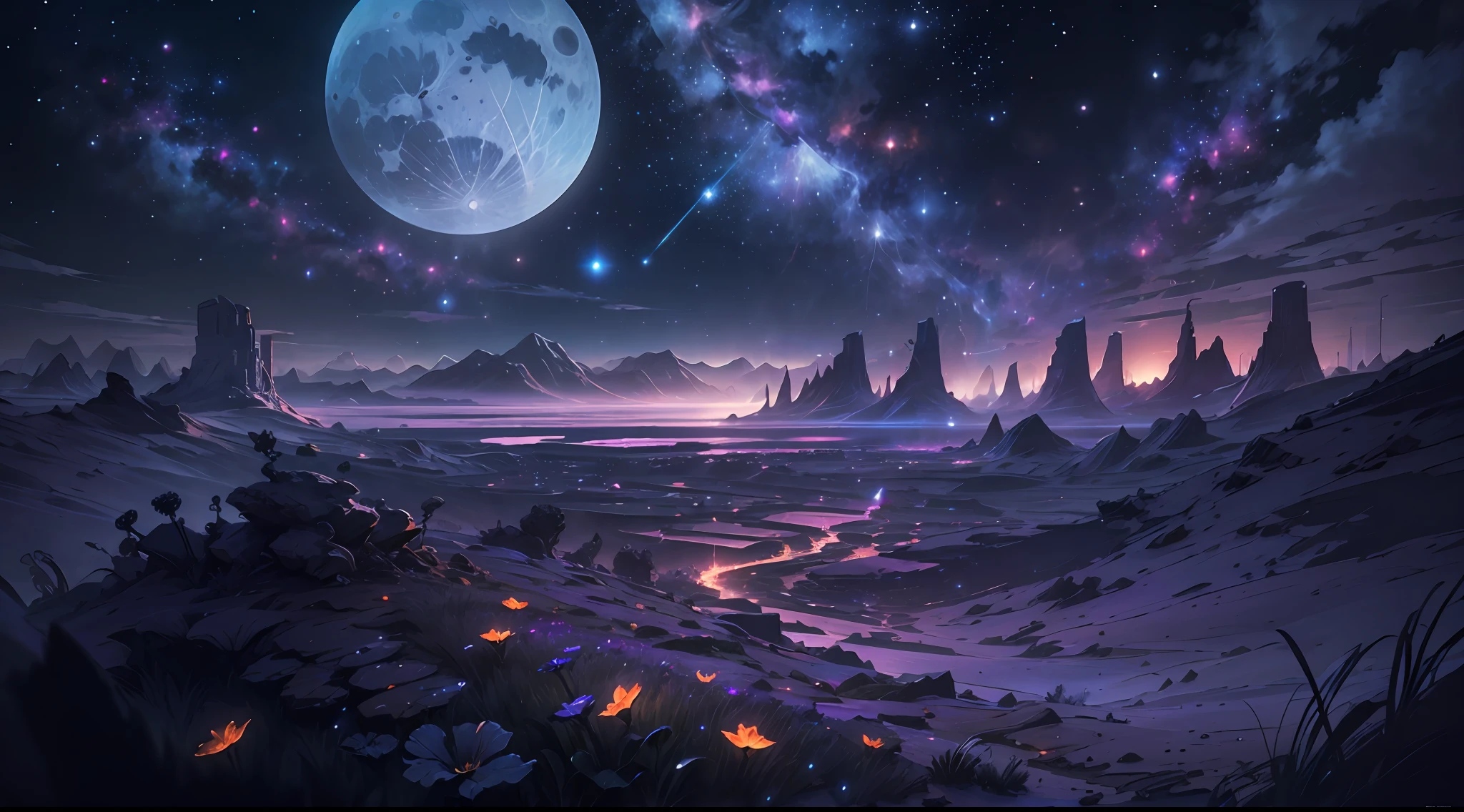 expansive landscape photograph , (a view from below that shows sky above and open field below), a girl standing on flower field looking up, (full moon:1.2), ( shooting stars:0.9), (nebula:1.3), distant mountain, tree BREAK
production art, (warm light source:1.2), (Firefly:1.2), lamp, lot of purple and orange, intricate details, volumetric lighting, realism BREAK
(masterpiece:1.2), (best quality), 4k, ultra-detailed, (dynamic composition:1.4), highly detailed, colorful details,( iridescent colors:1.2), (glowing lighting, atmospheric lighting), dreamy, magical, (solo:1.2)