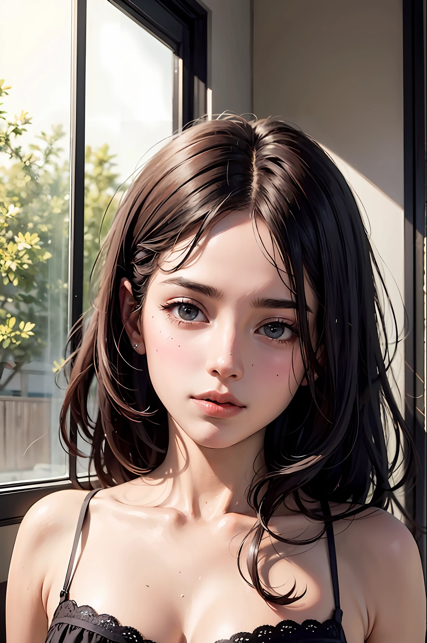 dress, (photograph realistic:1.4), (Ultra photo realsisim:1.4), (realisticlying:1.3), (Smoother lighting:1.05), (Increase movie lighting quality:0.9), 32K, 1girll,20yo girls, realistic illumination, The light from the back window is backlighted, light in face, Ray traching, (Brighten light:1.2), (enchanced quality:1.4), (Authentic textured skin of the best quality), Fine Detailed Eyes, Delicate and detailed face, (Tiredness, sleepiness and satisfaction:0.0), closeup of face, T 恤, (Increased Body Line Mood:1.1), shiny skin,Leaking out of the chest