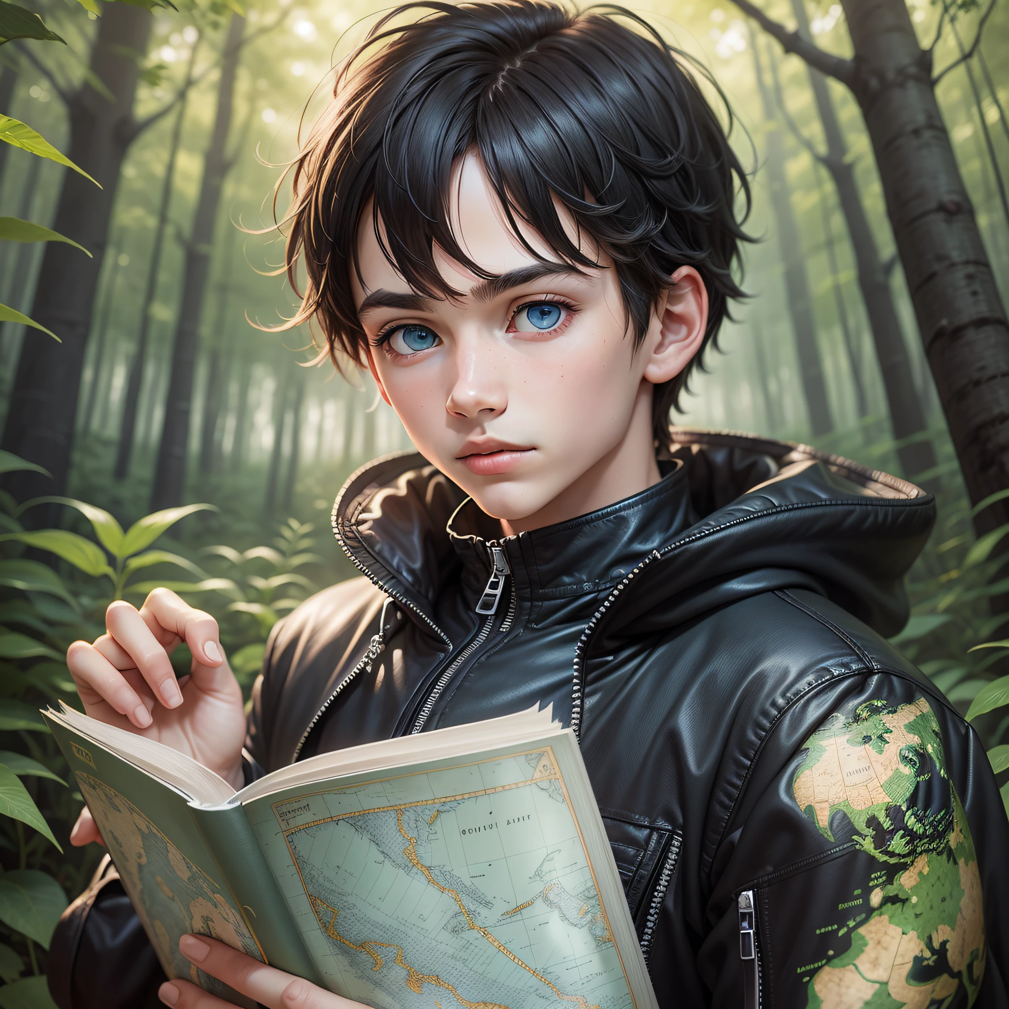 A background cover for a book by a boy in a black jacket and blue eyes with a map in his hand and a forest in the background
